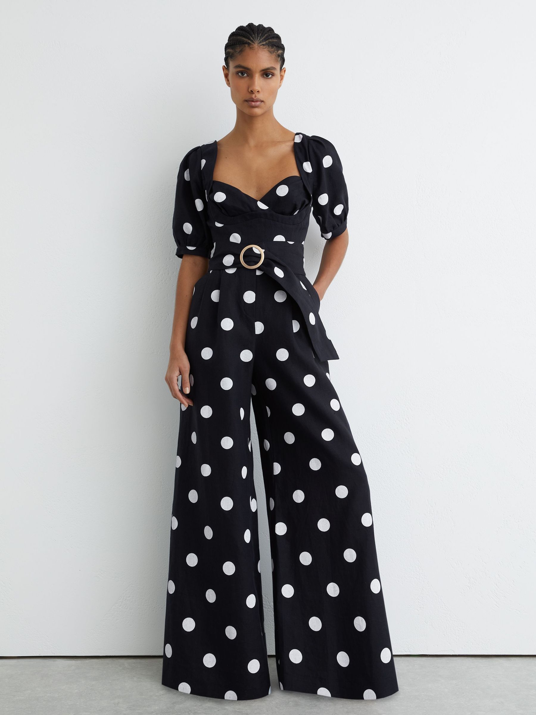 Linen Polka-Dot Wide-Leg Jumpsuit in Navy/Ivory (G58249) | €365