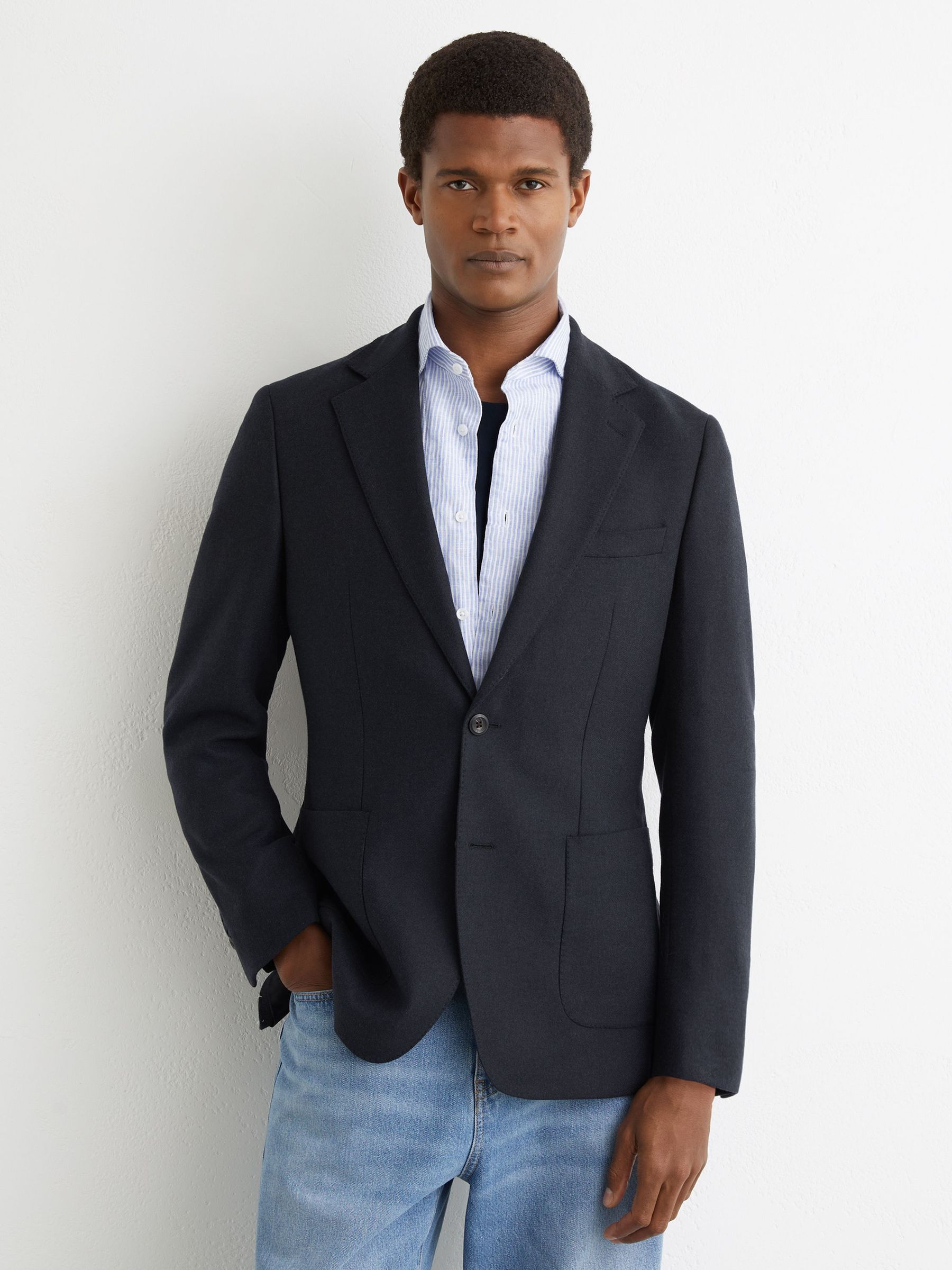 Flannel Single-Breasted Blazer Tailored-Fit with Wool in Navy (G58702) | kr3 980