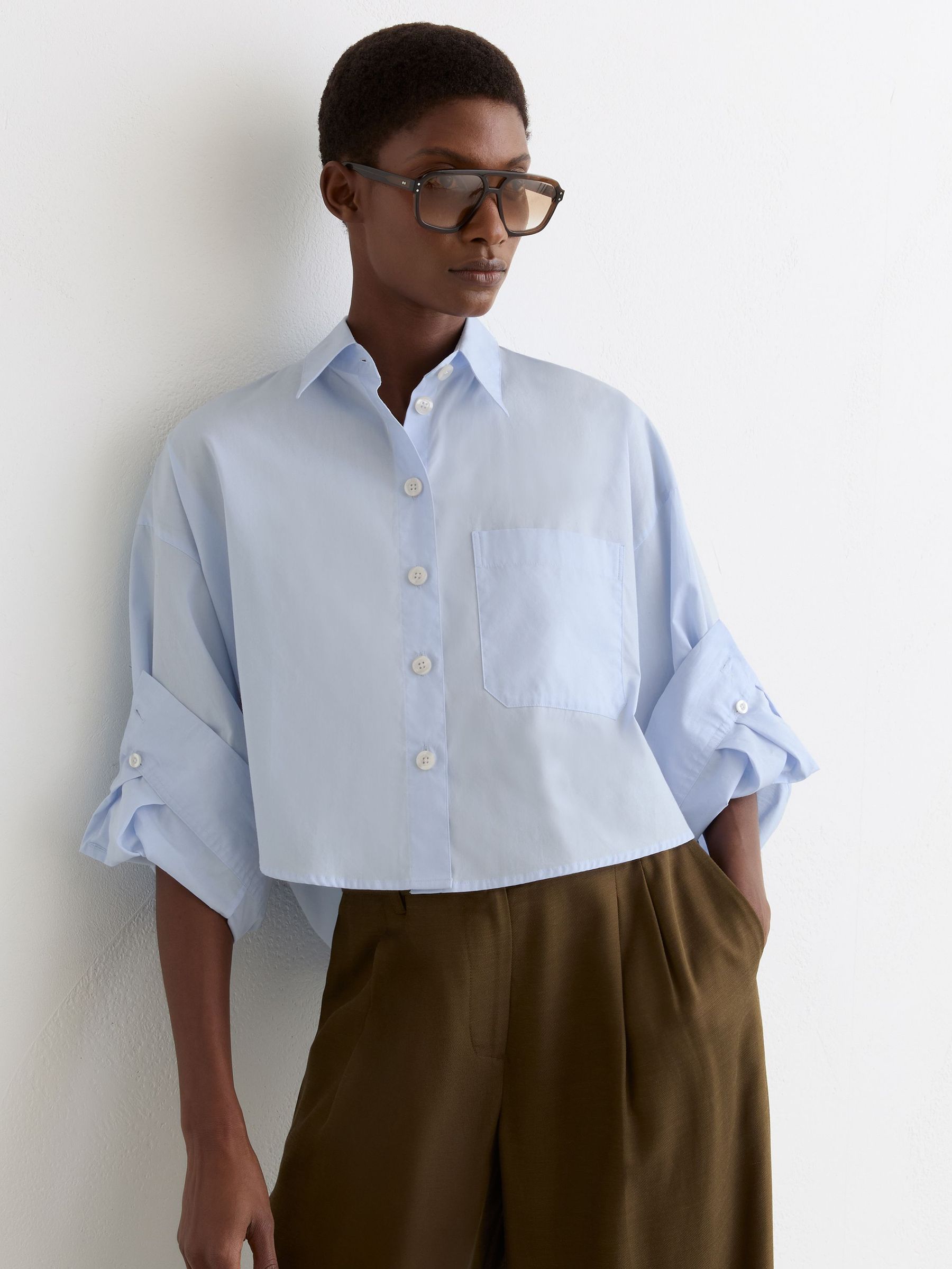 Cotton Cropped Long-Sleeve Shirts in Blue (G60263) | €130