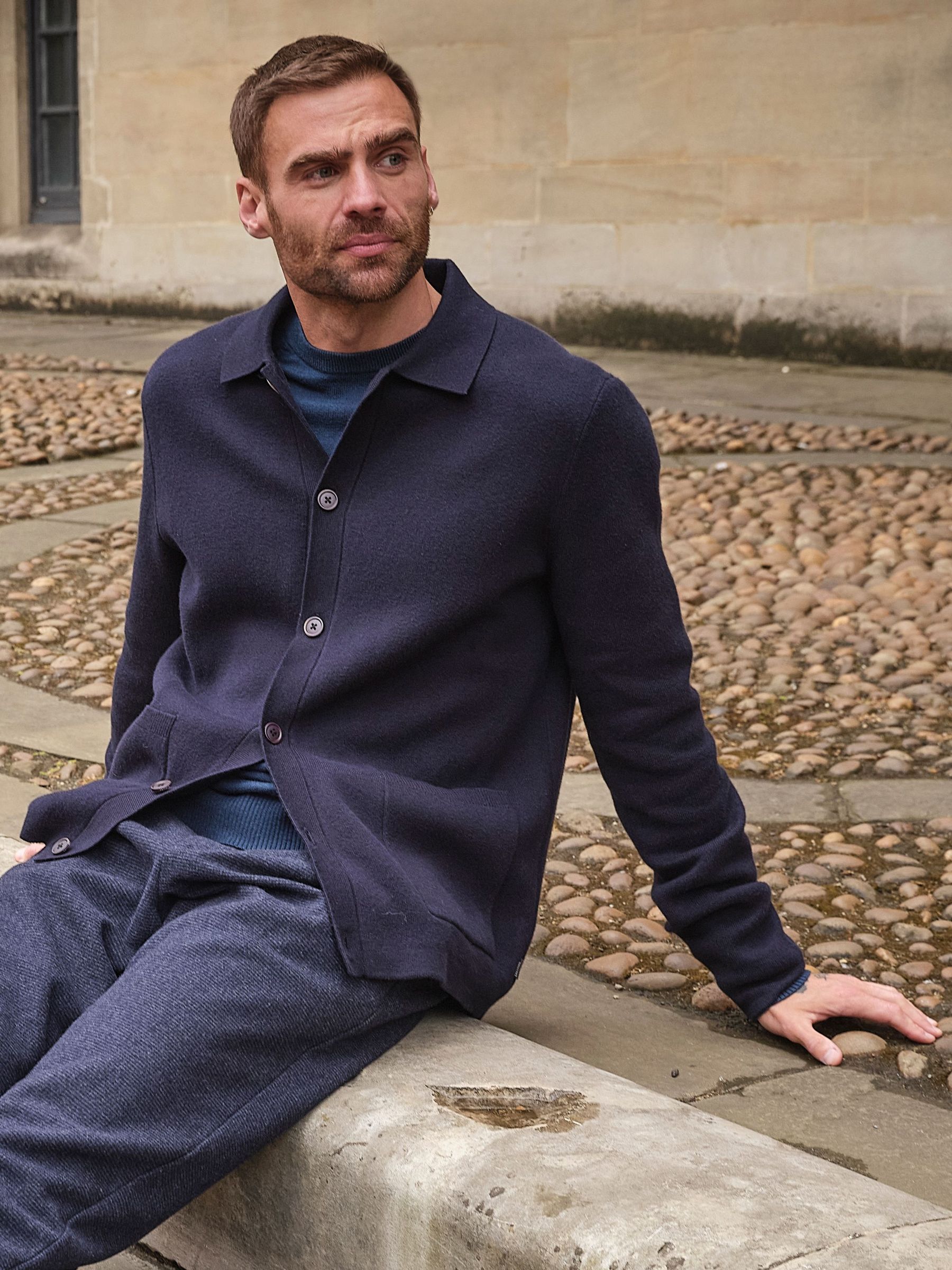 Navy - Regular Knitted Collared Button Front Cardigan