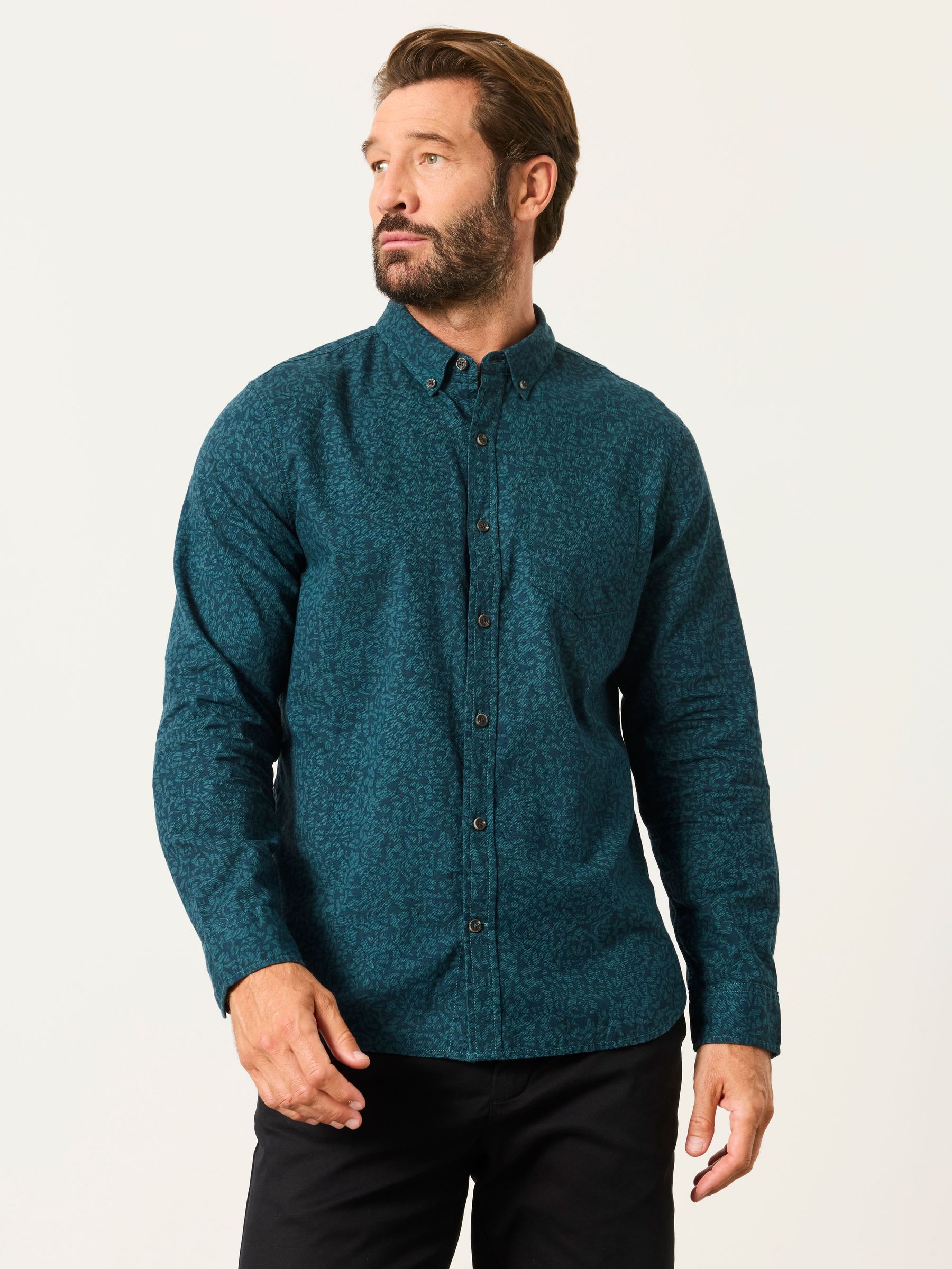 Teal Blue - Regular Long Sleeve Floral Print Shirt