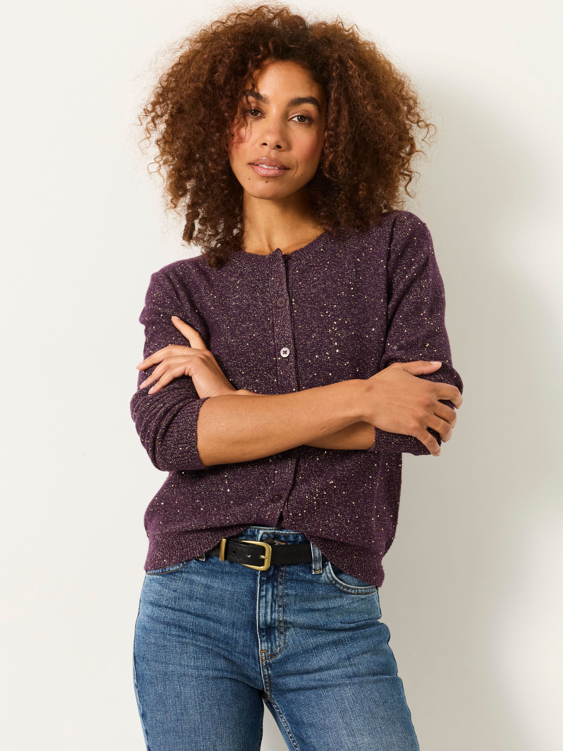Plum Purple - Knitted Sequin Sparkle Crew Cardigan