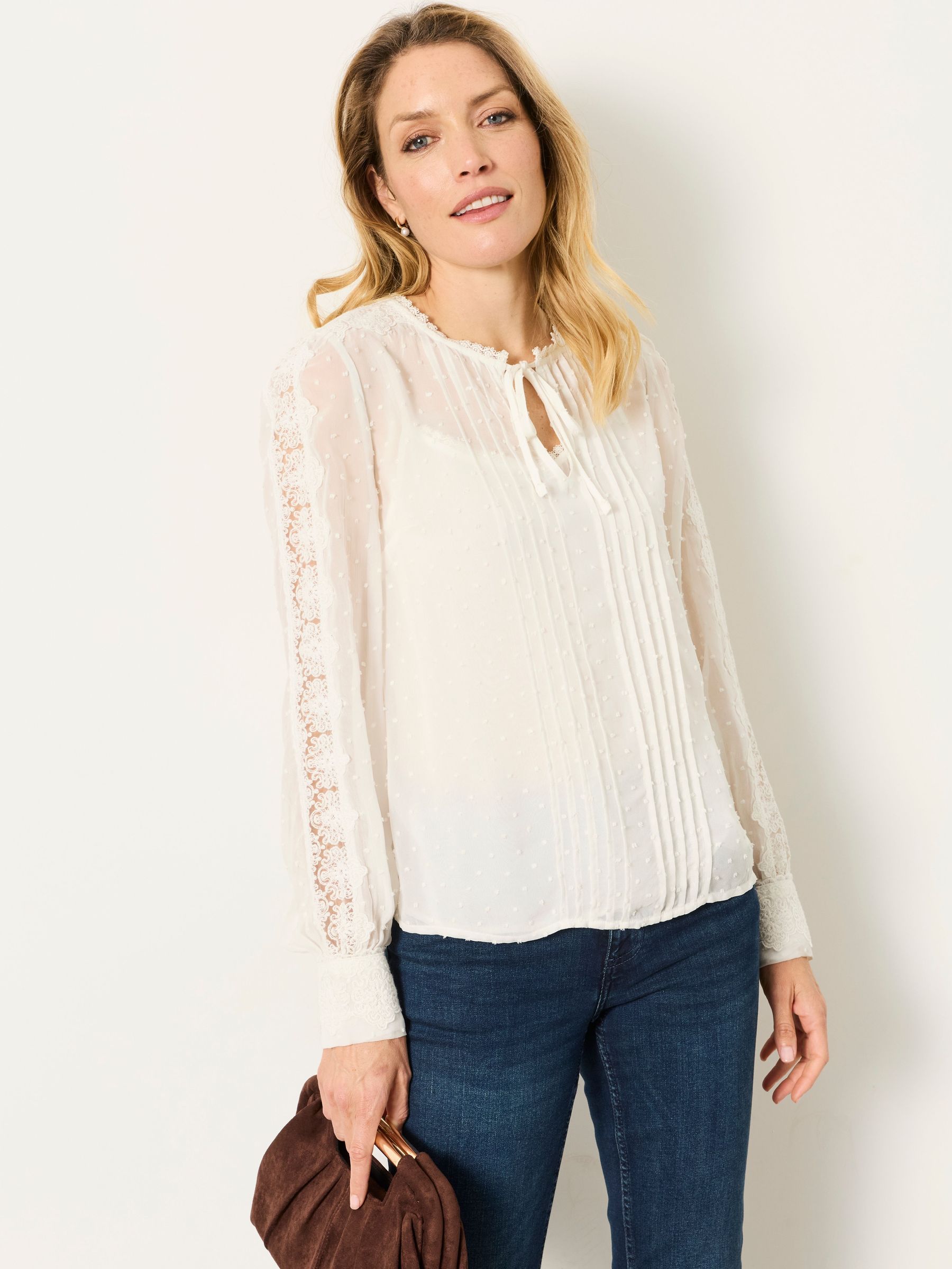 Ivory - Sheer Dobby Lace Trim Blouse