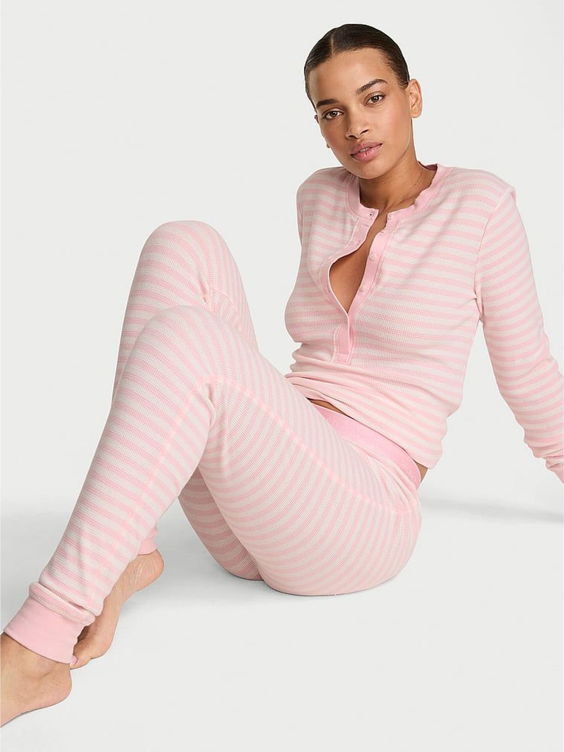 Pretty Blossom Pink Iconic Stripe - Thermal Henley Long Pyjama Set