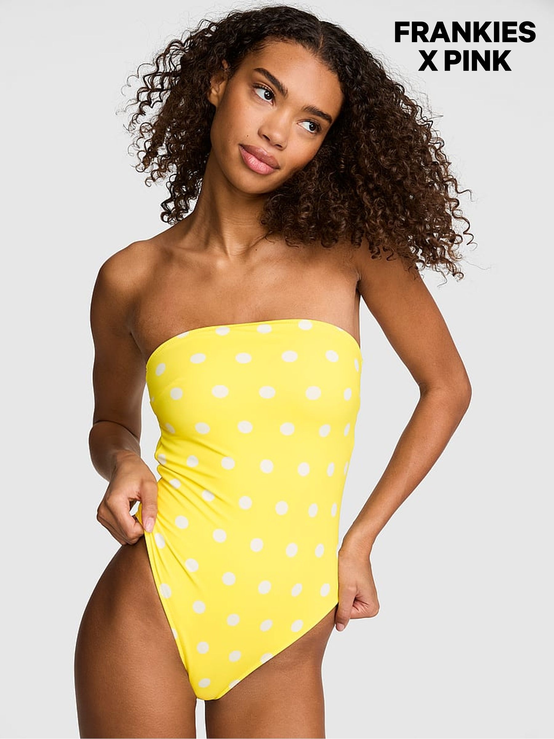Yellow Polka Dot Print - Strapless Swimsuit