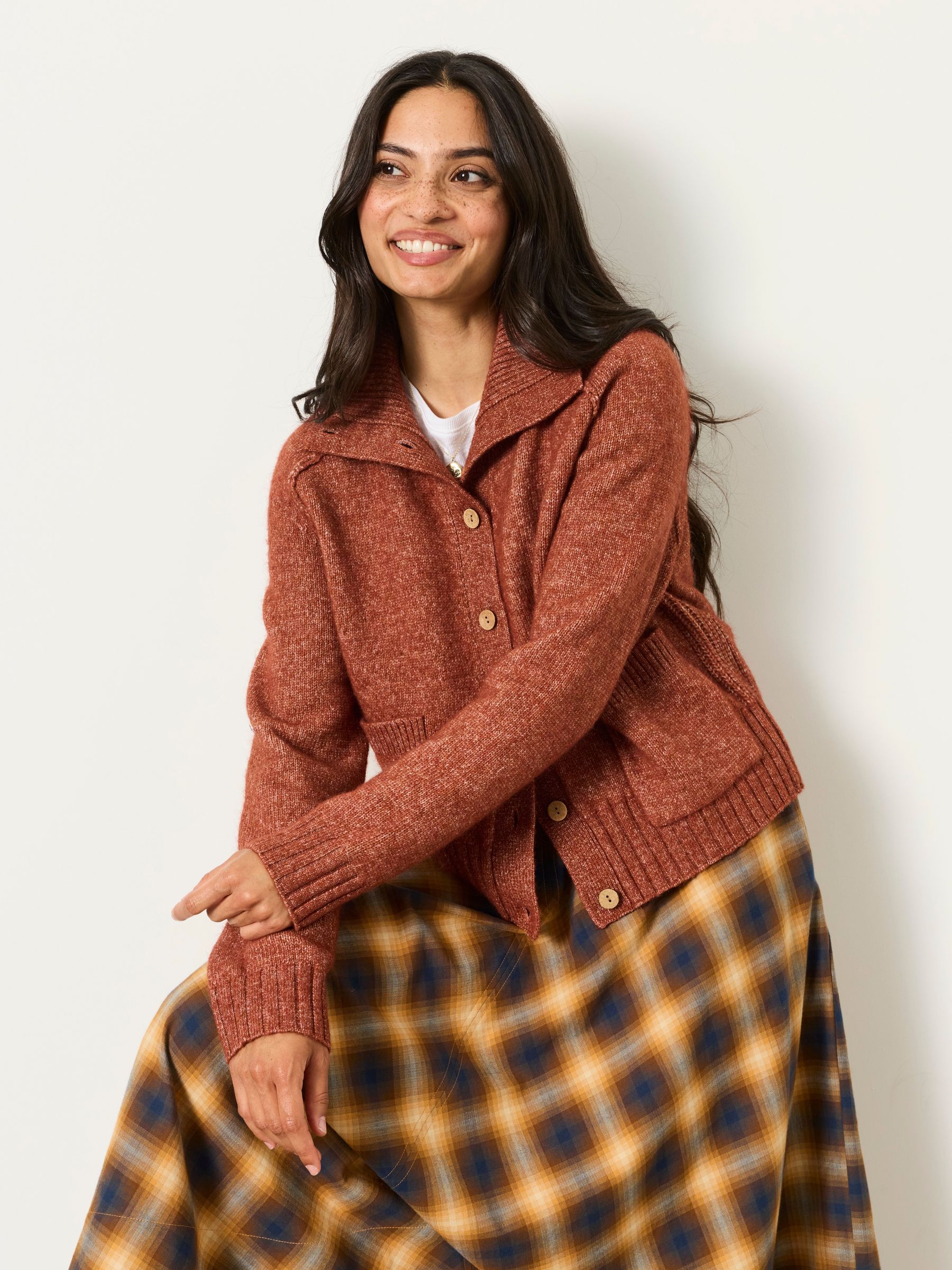 Rust Brown - Funnel Neck Knitted Cardigan