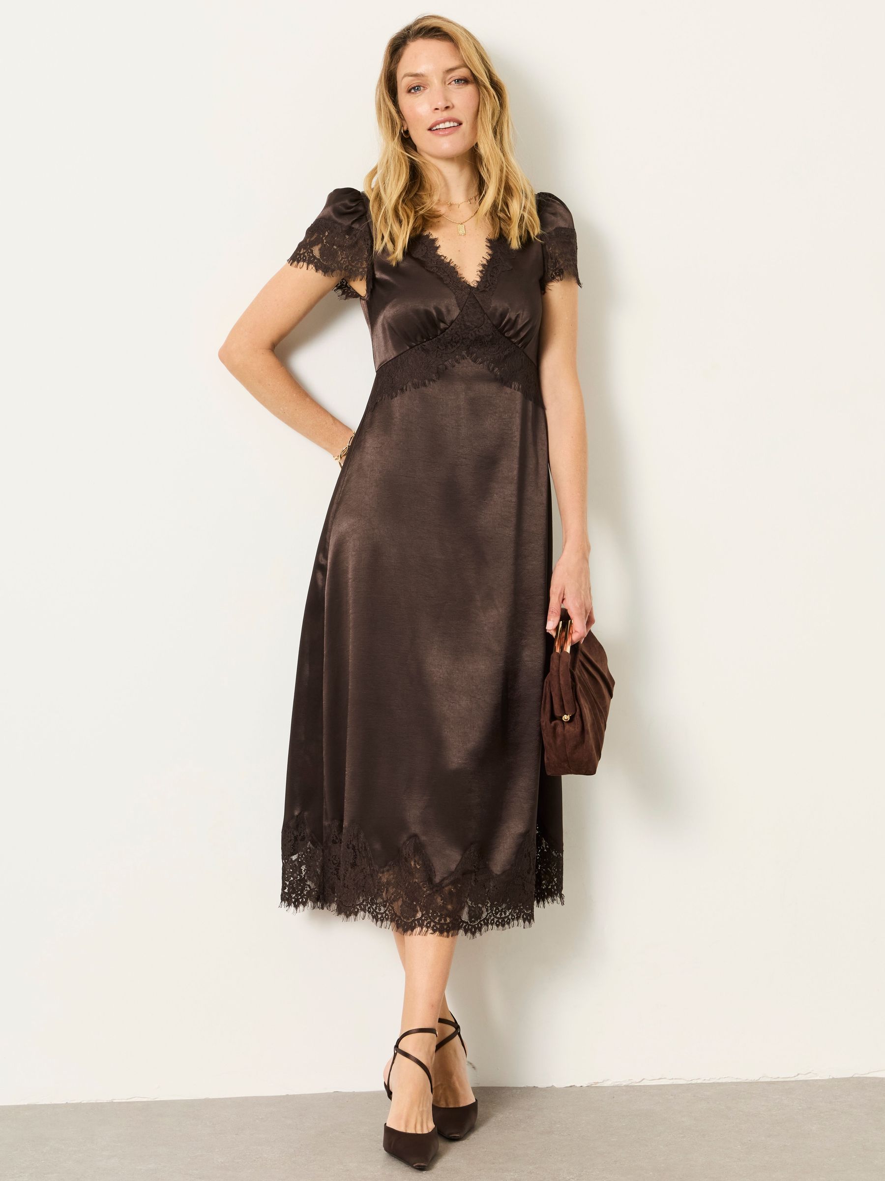 Chocolate Brown - Lace Trim Midi Dress