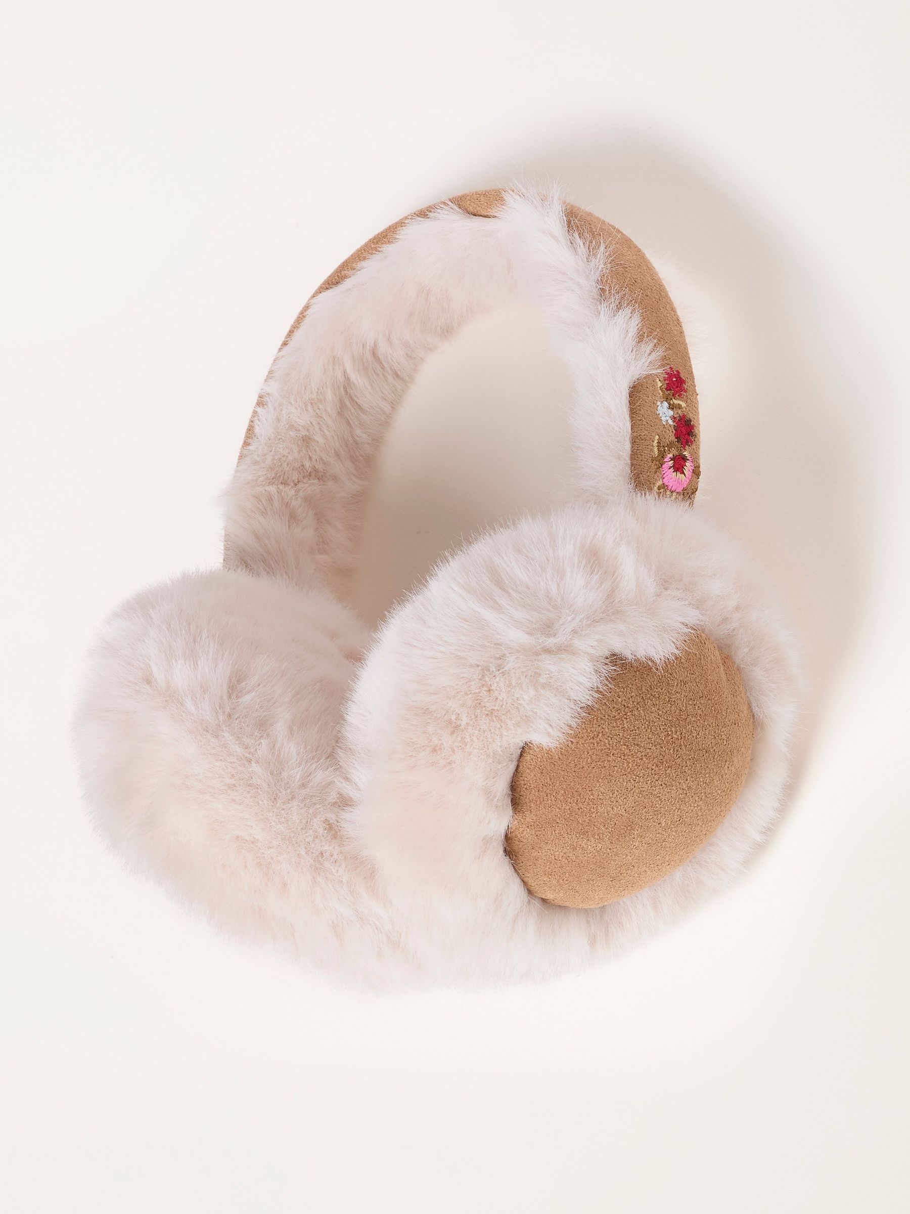 Tan Brown - Floral Embroidered Fluffy Earmuffs