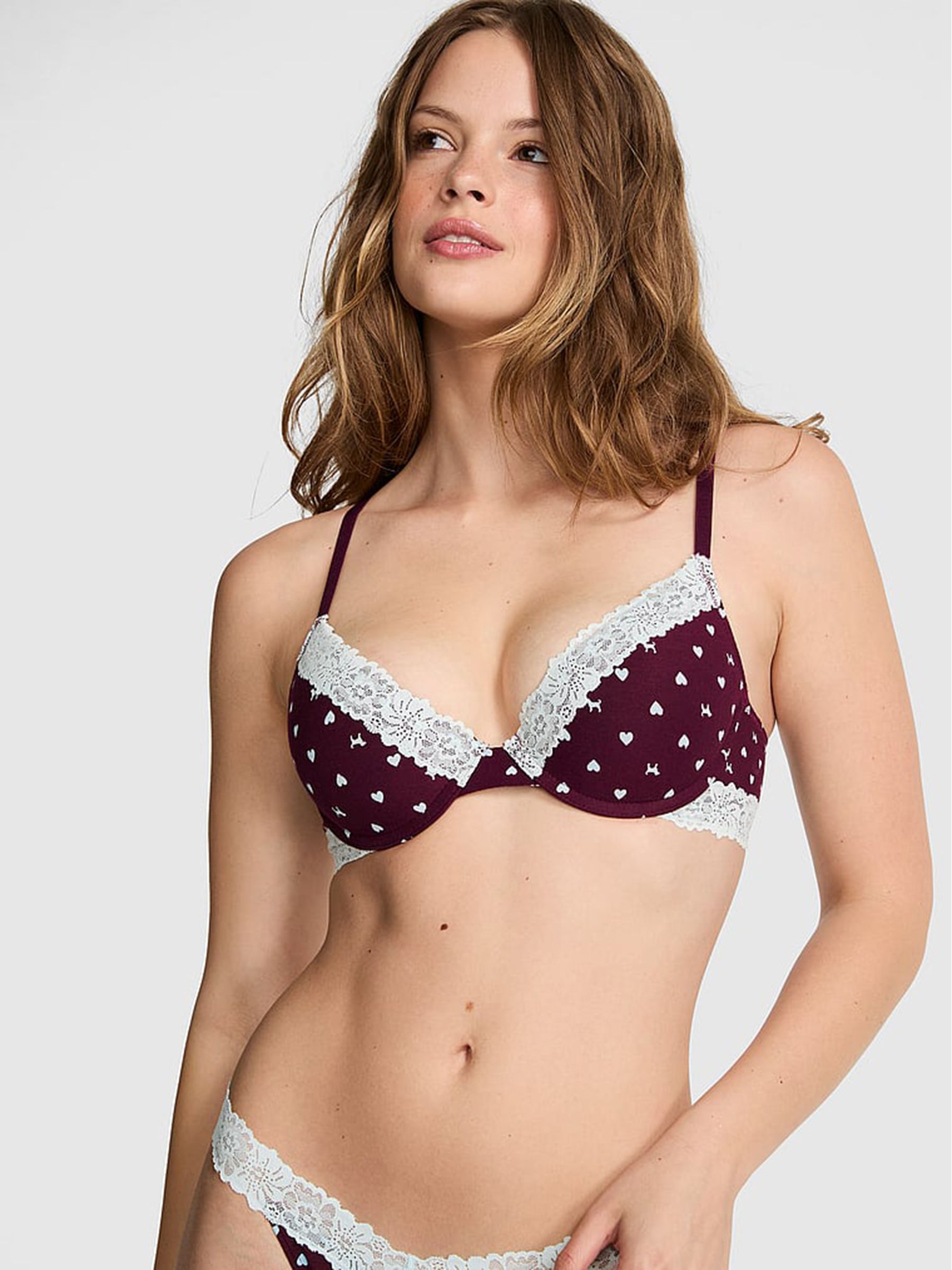 Purple Rose Dog Print - Non Wired Push Up Lace Trim Bra