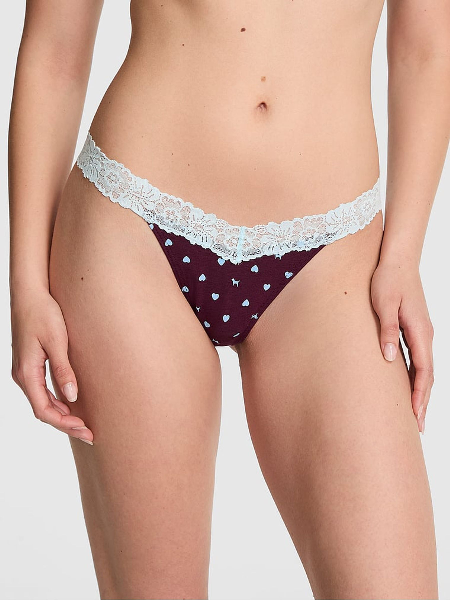 Purple Rose Dog Print - Thong Cotton Heather Lace Trim Knickers