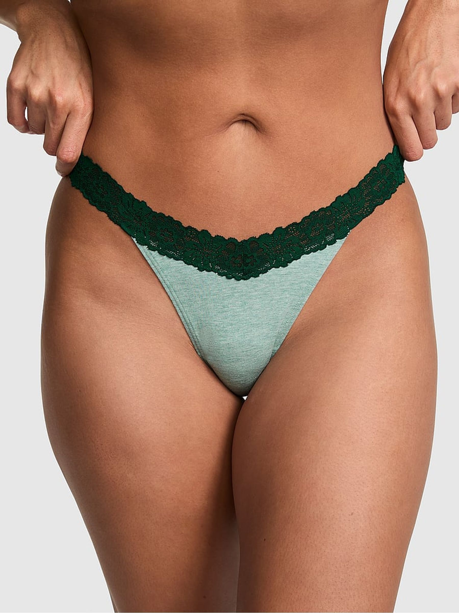 Soft Sage Green - Thong Cotton Heather Lace Trim Knickers