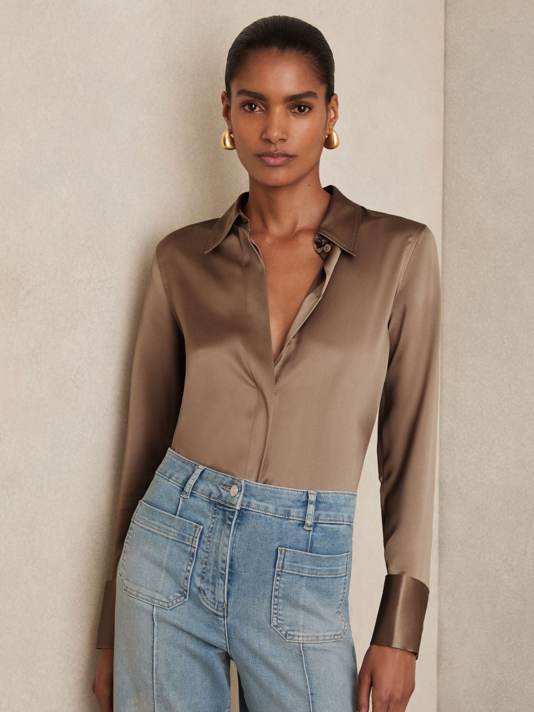 Silk-Satin Concealed-Placket Shirt in Taupe Brown (H11907) | US$330