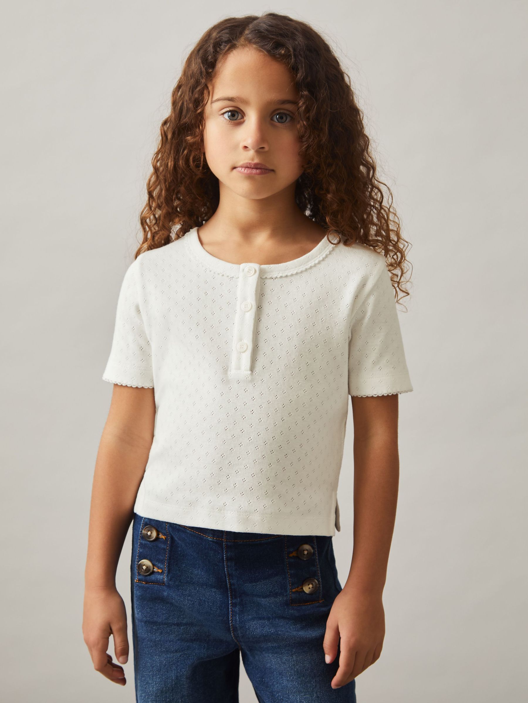 Cotton Pointelle Button T-Shirt in Ivory (H12676) | €35