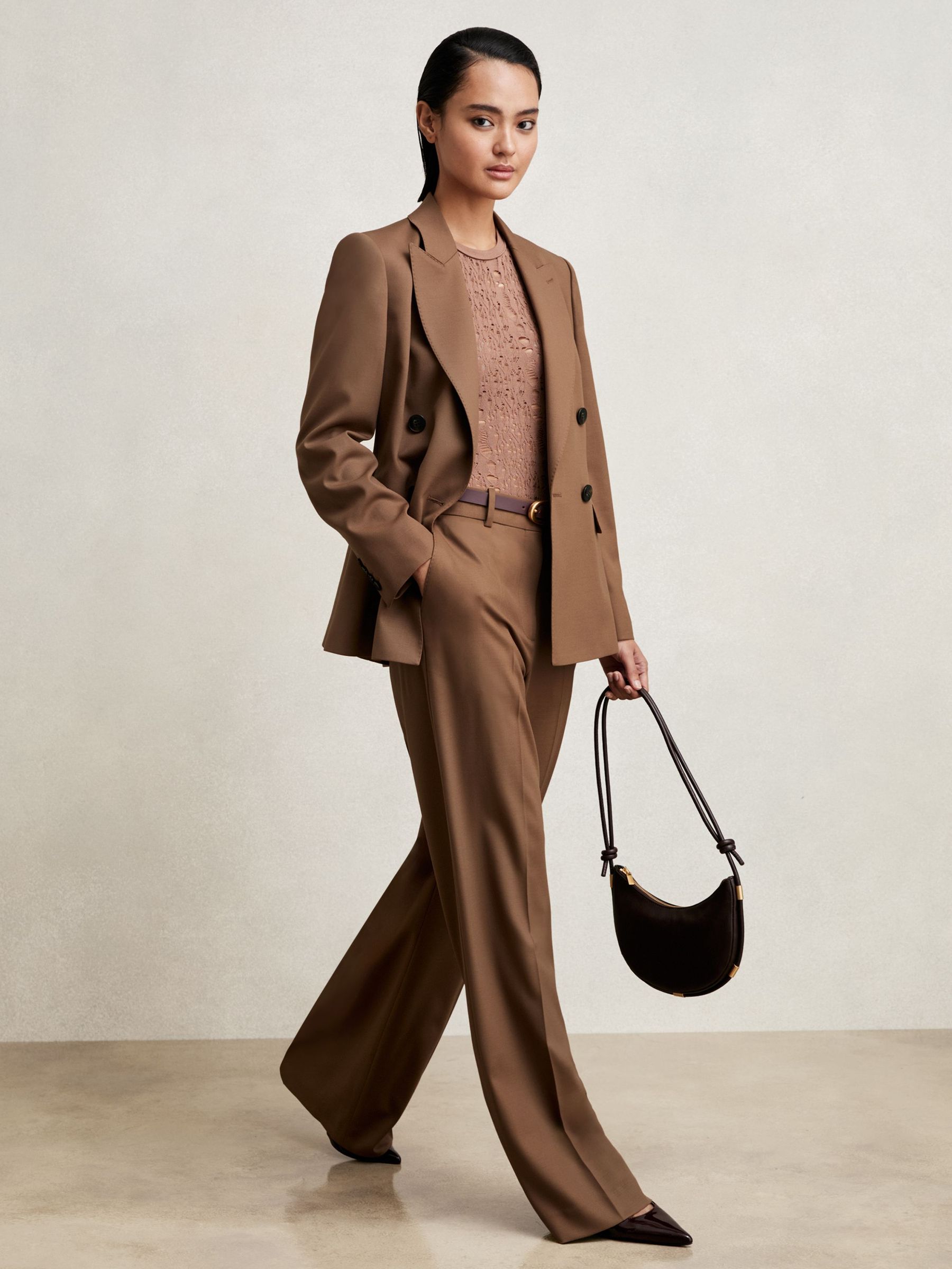 Wool Blend Double Breasted Suit Blazer in Tan (H14144) | US$480