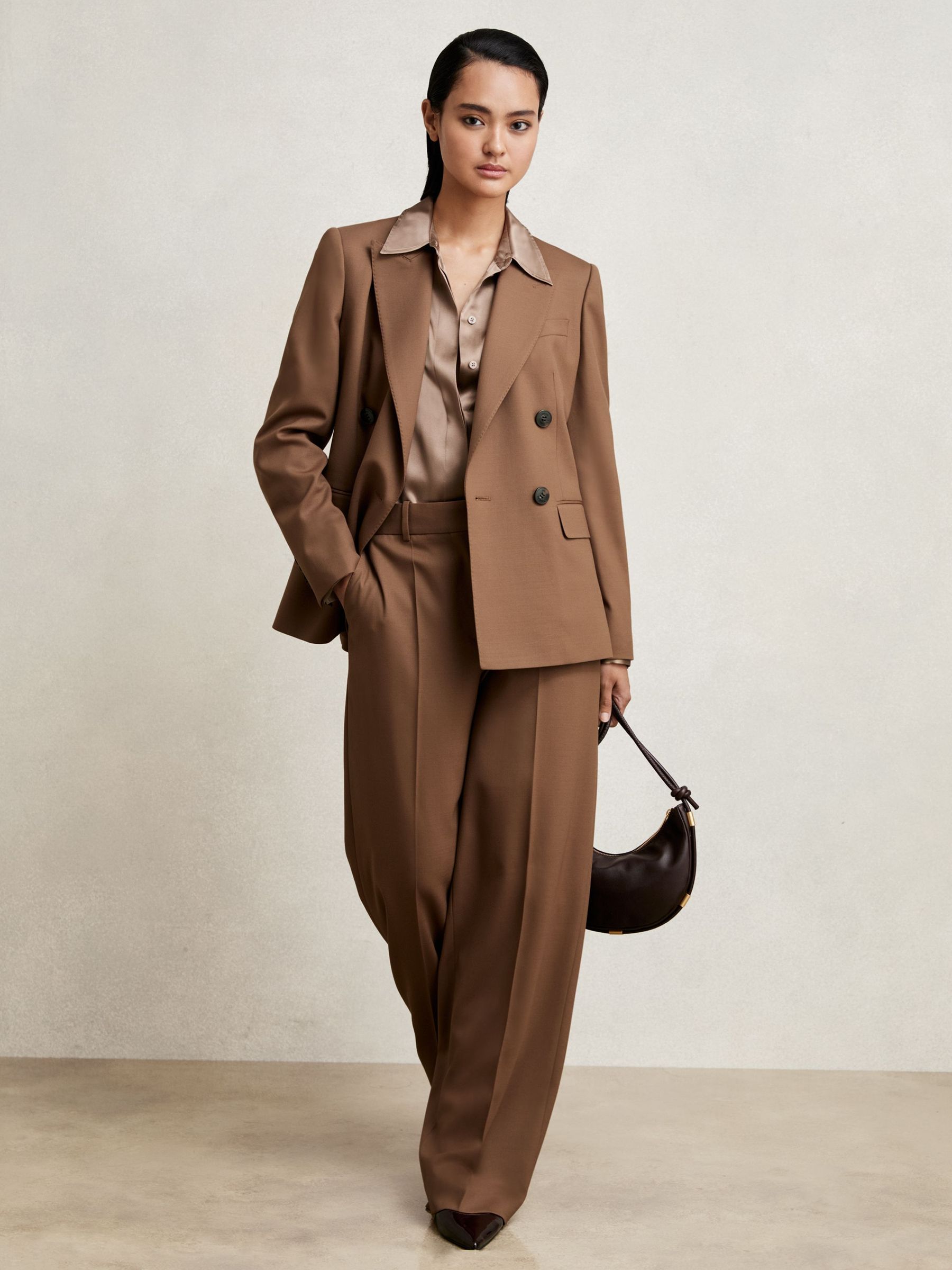 Wool Blend Wide Leg Suit Trousers in Tan (H14431) | €245