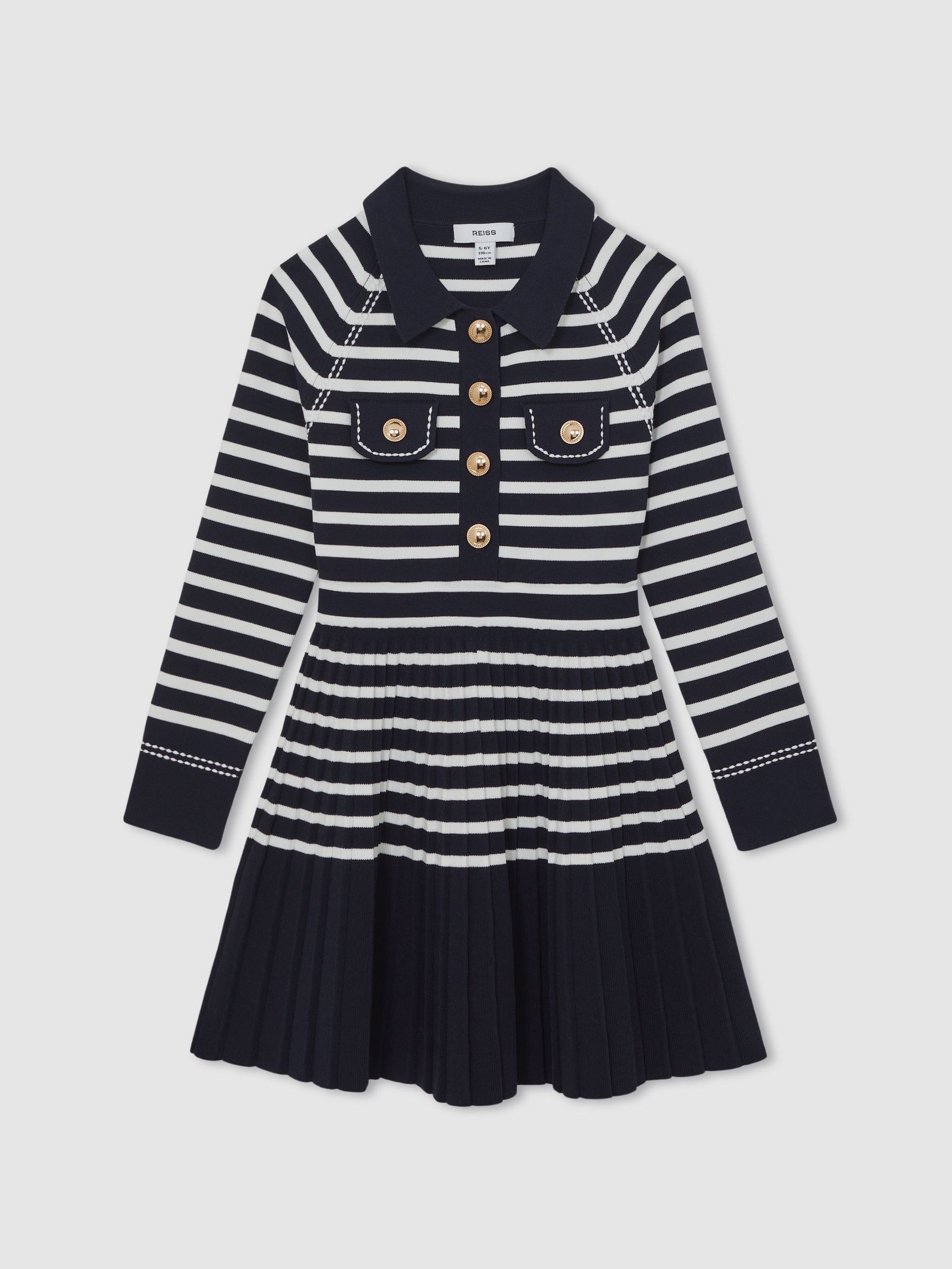 13-14 yrs Button-Detail Stripe Knitted Dress in Navy/White (H14437) | €120
