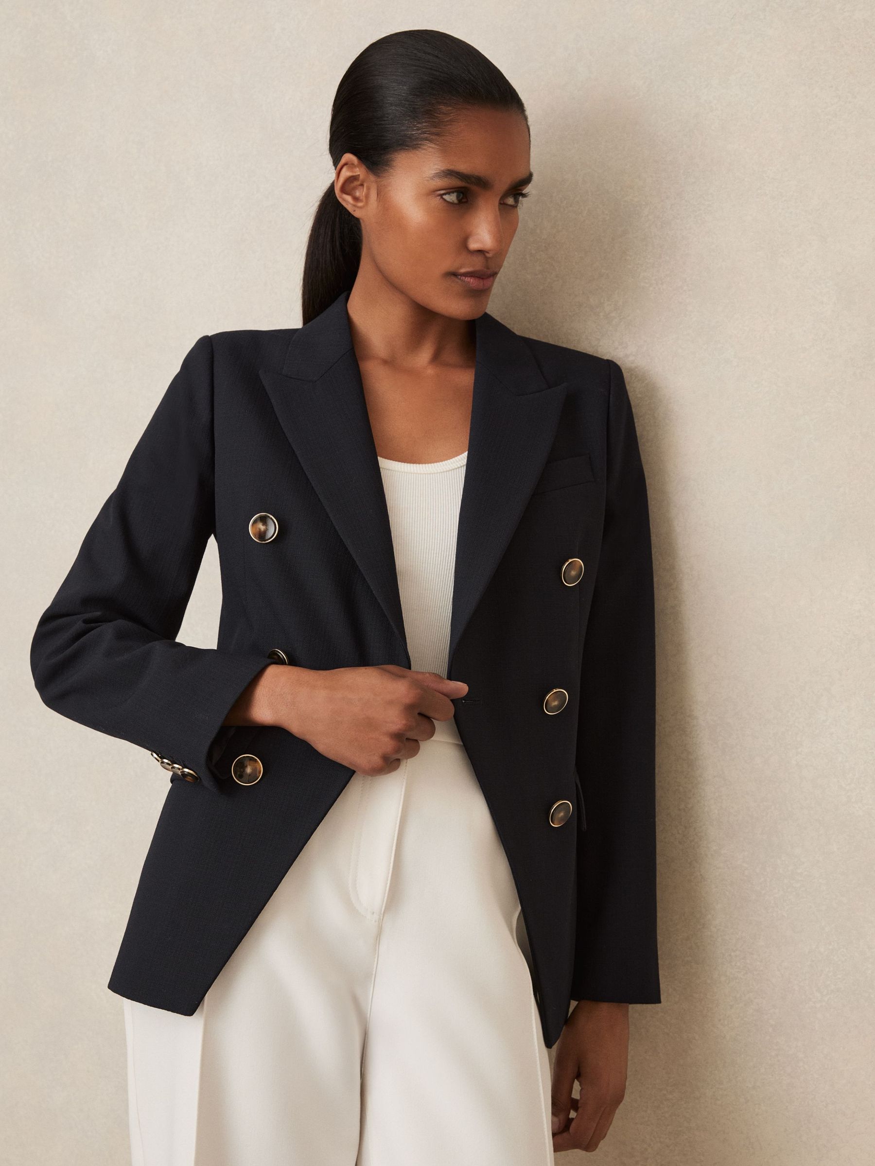 Wool-Blend Double-Breasted Blazer in Navy (H14444) | US$545