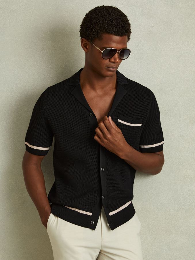 Open-Stitch Cuban Collar Shirt in Black (H14881) | US$144
