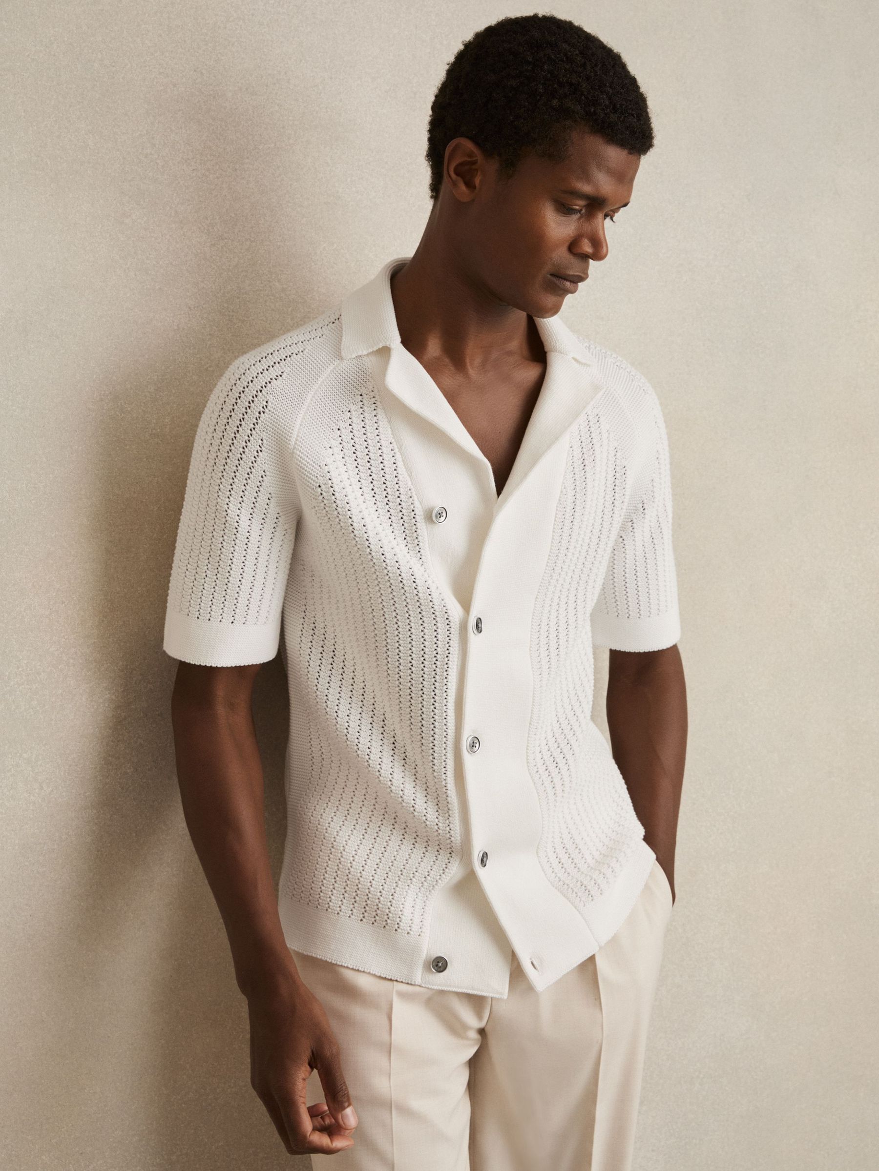 Cotton Textured-Knit Cuban-Collar Shirt in White (H15877) | 330 SAR