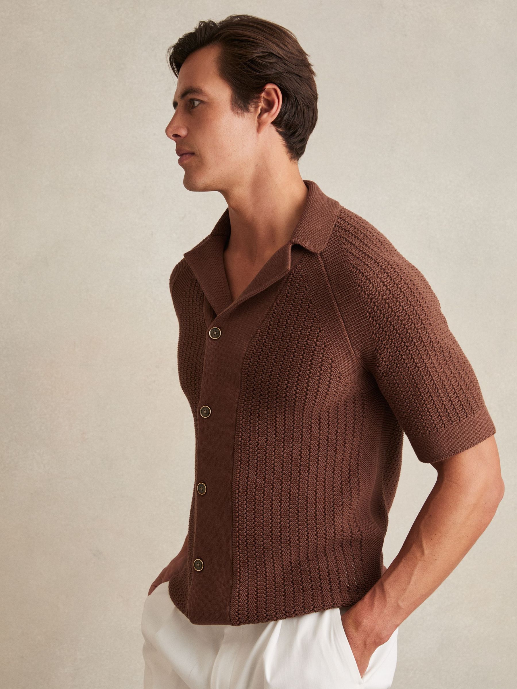 Cotton Textured-Knit Cuban-Collar Shirt in Tobacco Brown (H15878) | US$215