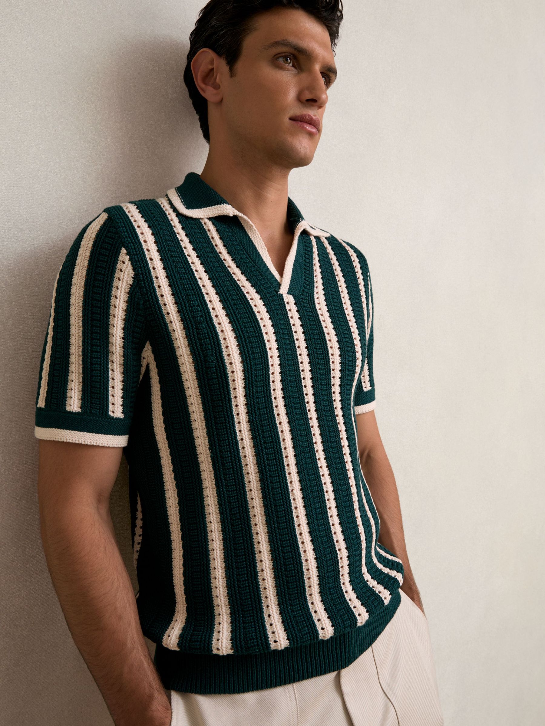 Cotton Blend Stripe Knit Polo Shirt in Dark Teal Green/Ecru (H15880) | US$180