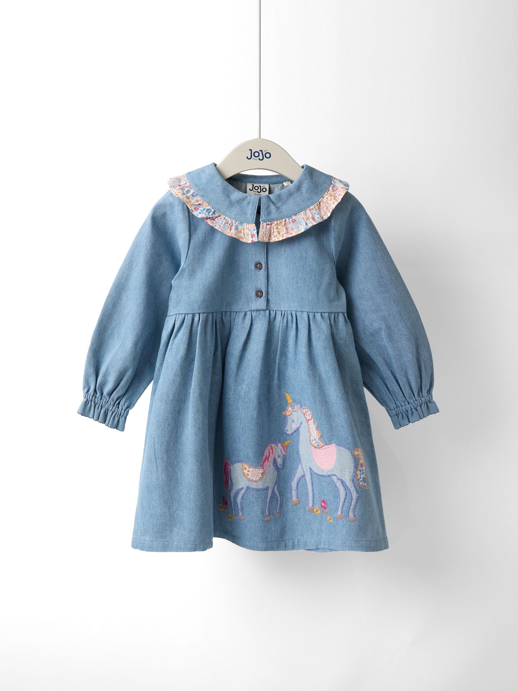 Blue Appliqué Frill Collar Denim Dress (H16252) | $48 - $58