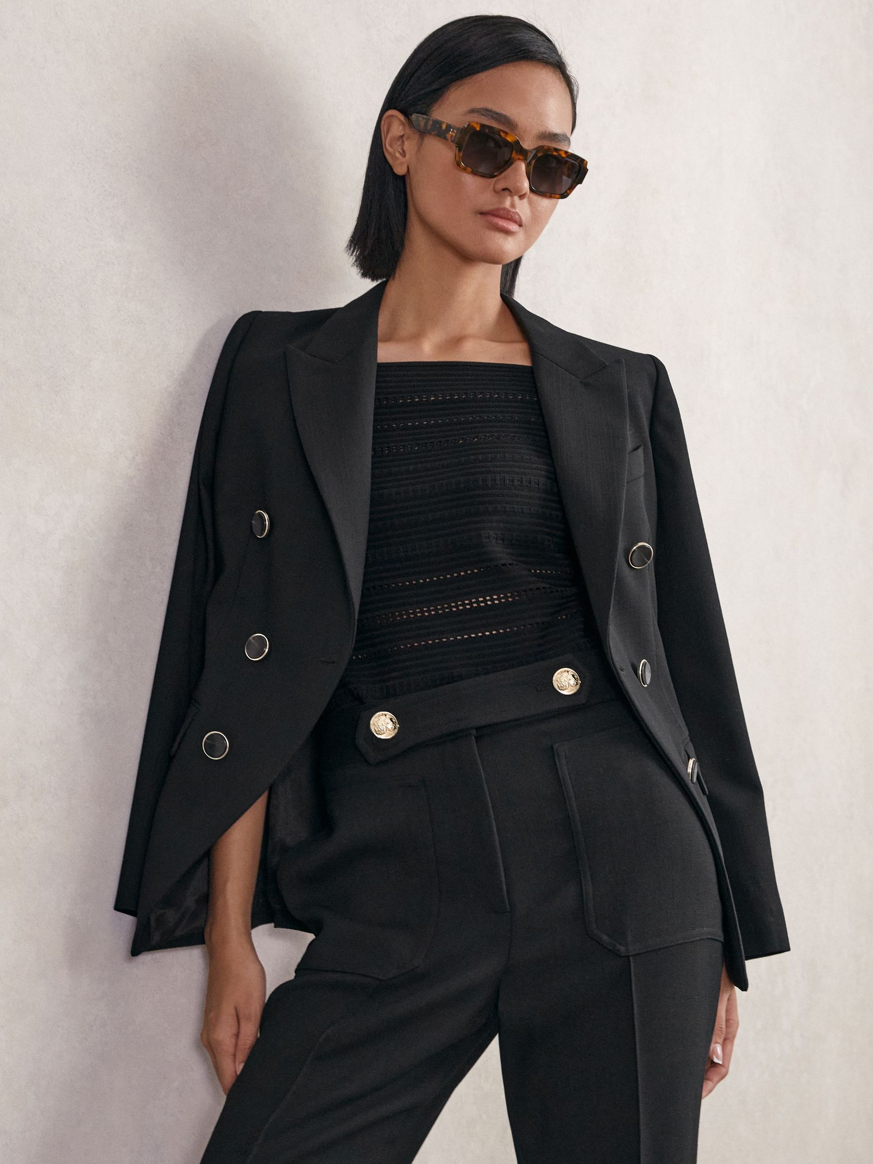 Petite Wool-Blend Double-Breasted Blazer in Black (H16373) | 1,012 SAR