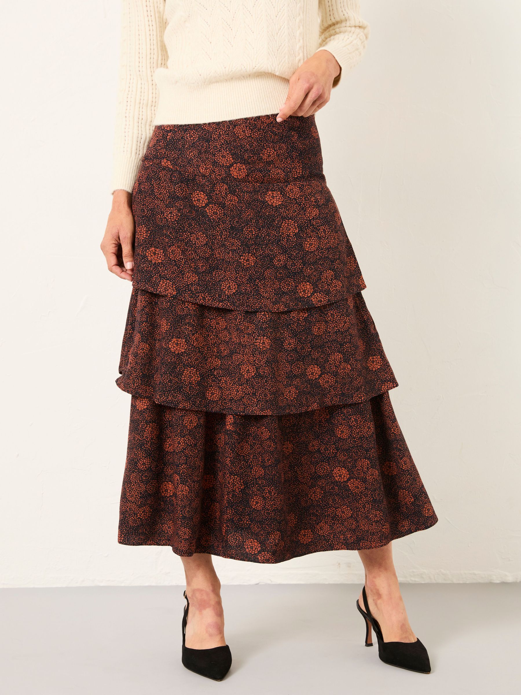 Tonia Black Circle Floral Midi Skirt (H17137) | $113