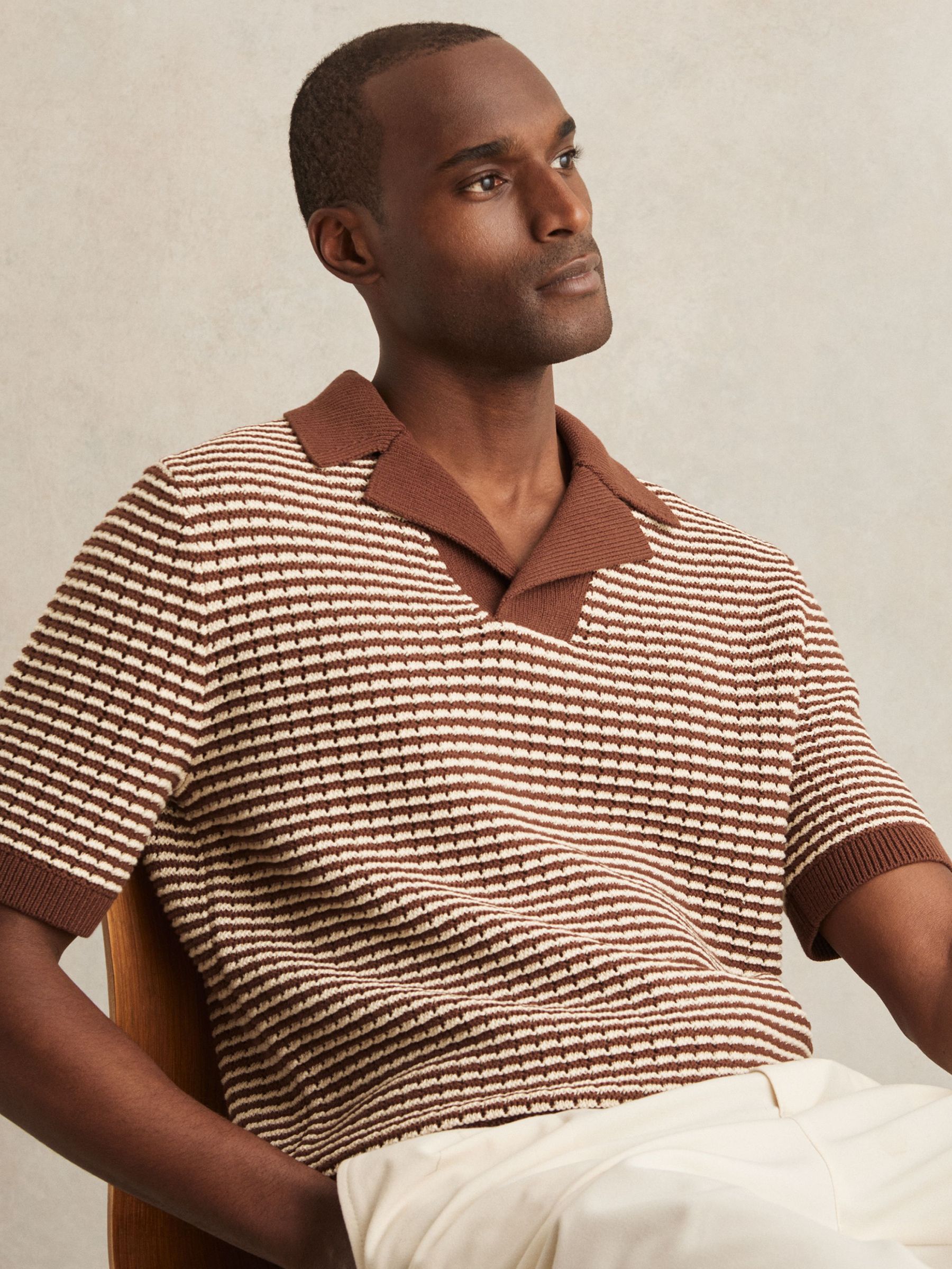 Cotton Textured Knit Stripe Polo Shirt in Tobacco Brown/ Off White (H18967) | US$195