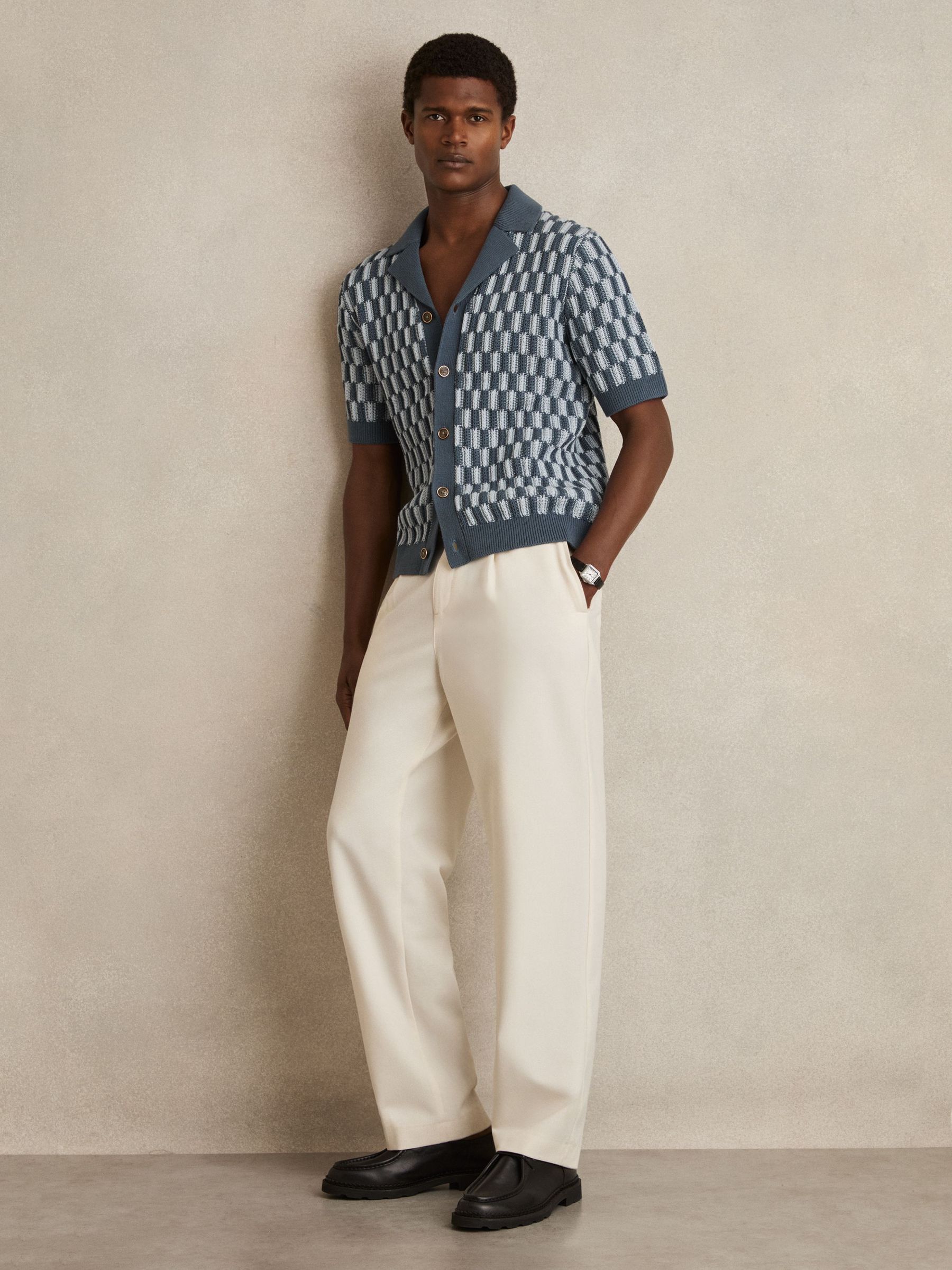 Cotton Checkerboard-Knit Shirt in Airforce Blue/Soft Blue (H18972) | CA$255