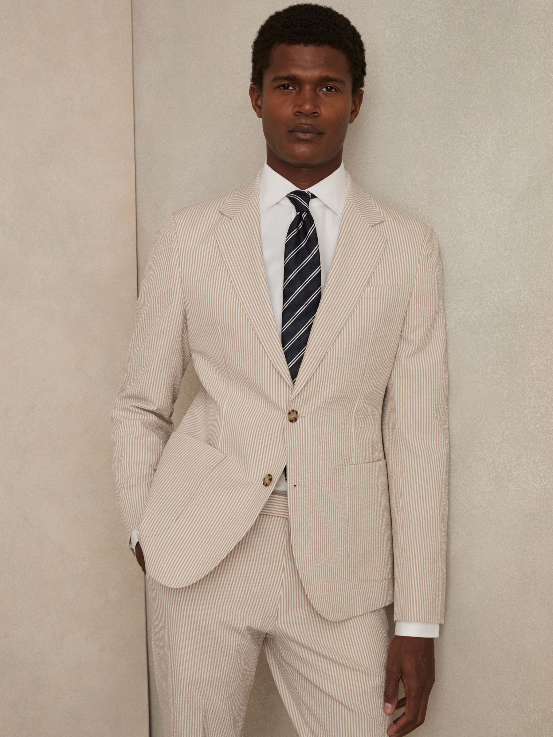 Seersucker Single-Breasted Suit Blazer Slim-Fit in Oatmeal/White (H19190) | CHF 430