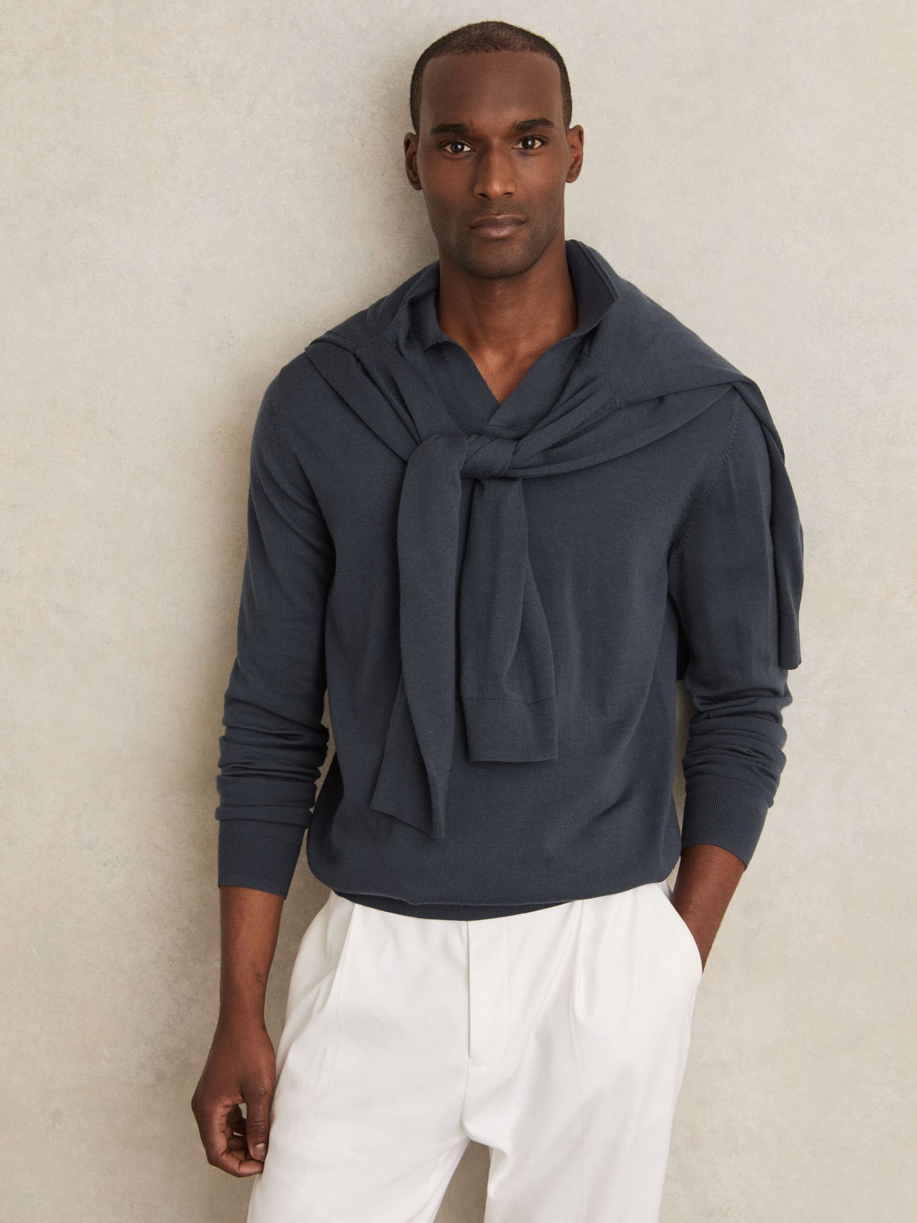 Merino Wool Open-Collar Polo Shirt in Midnight Navy (H19615) | €140