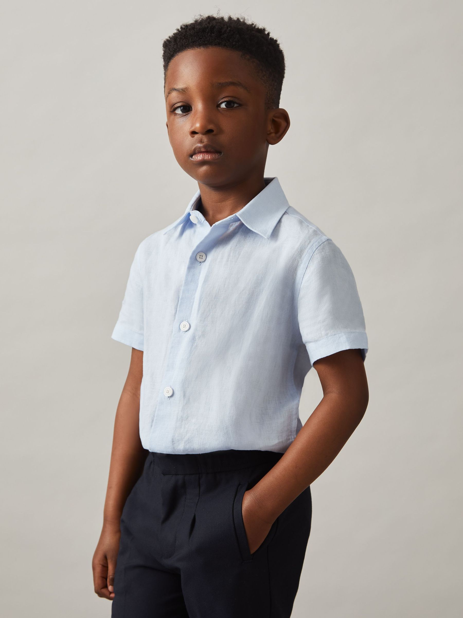 9-13 yrs Short Sleeve Linen Shirt in Pale Blue (H19623) | €55