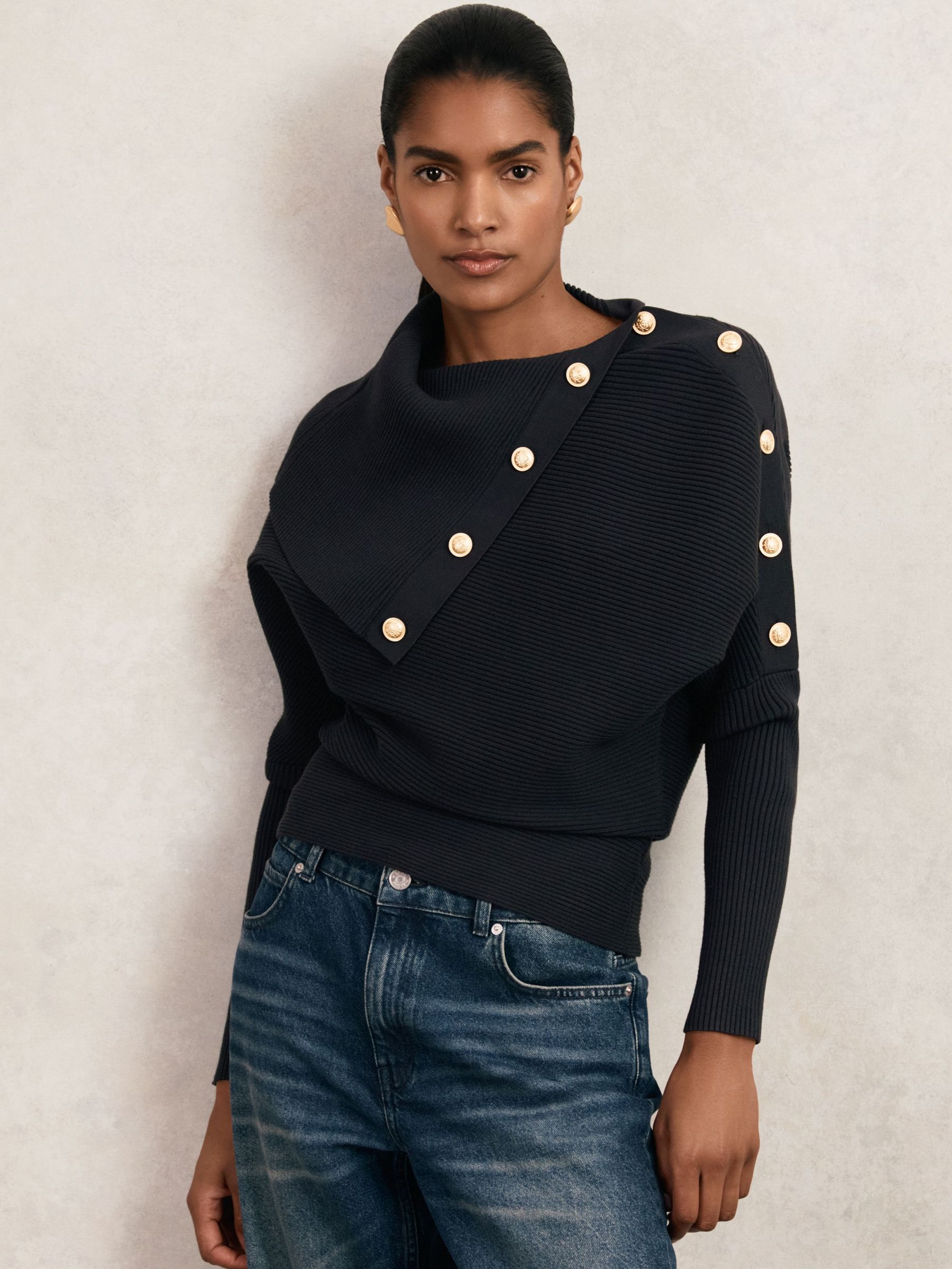 Rib-Knit Button Shawl Jumper in Navy (H20931) | CA$255