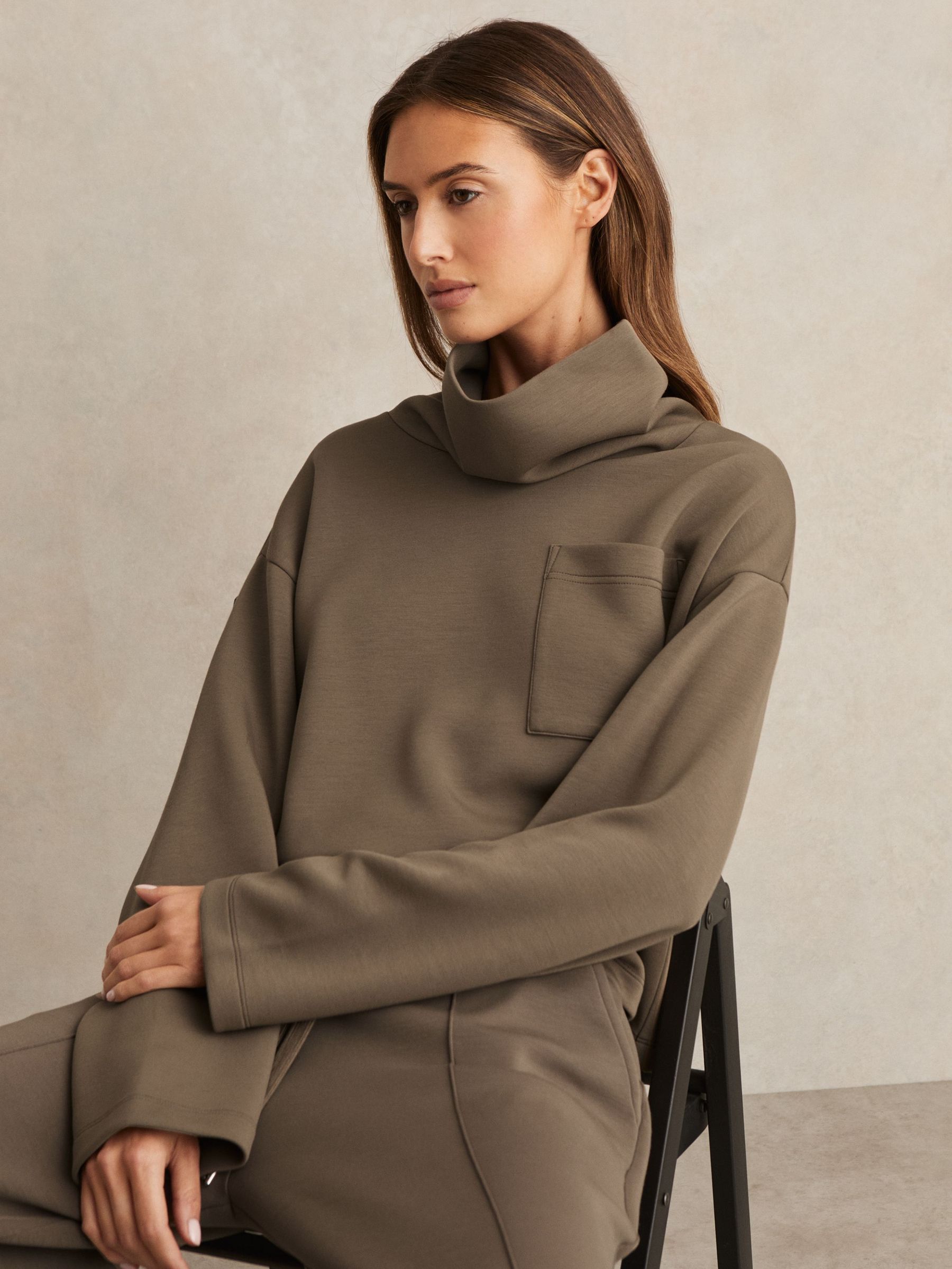 Interlock Jersey Funnel Neck Sweatshirt in Khaki Green (H21017) | US$195