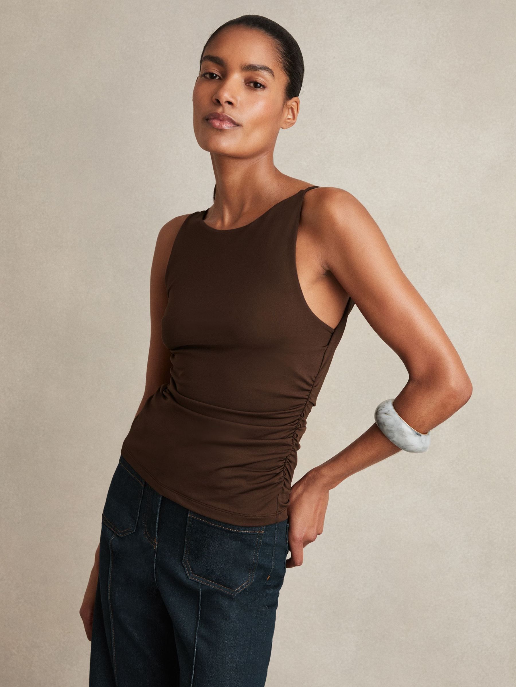 Ruched Jersey Cowl Back Vest in Chocolate Brown (H21029) | US$125