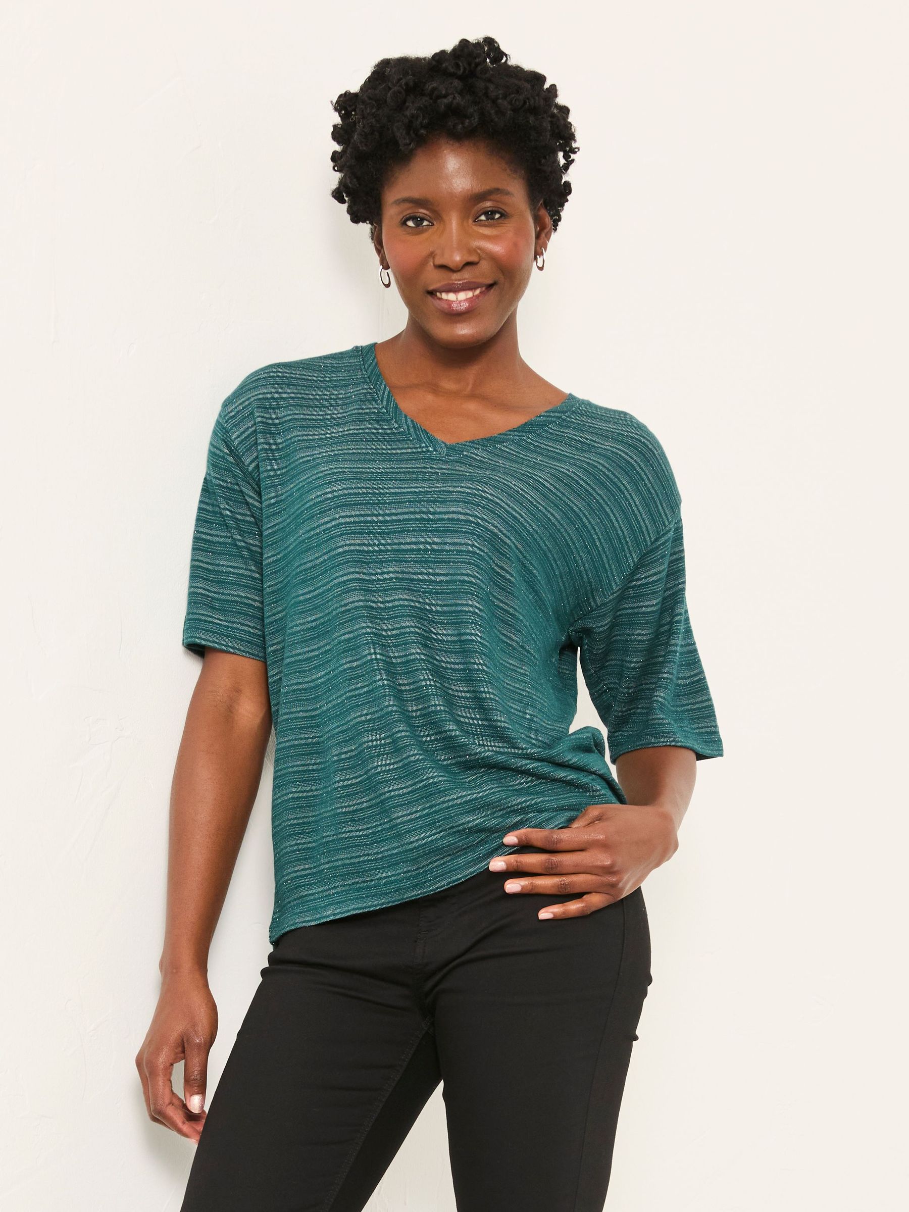 Maddie Teal Blue Short Sleeve Sparkle Top (H21317) | $55