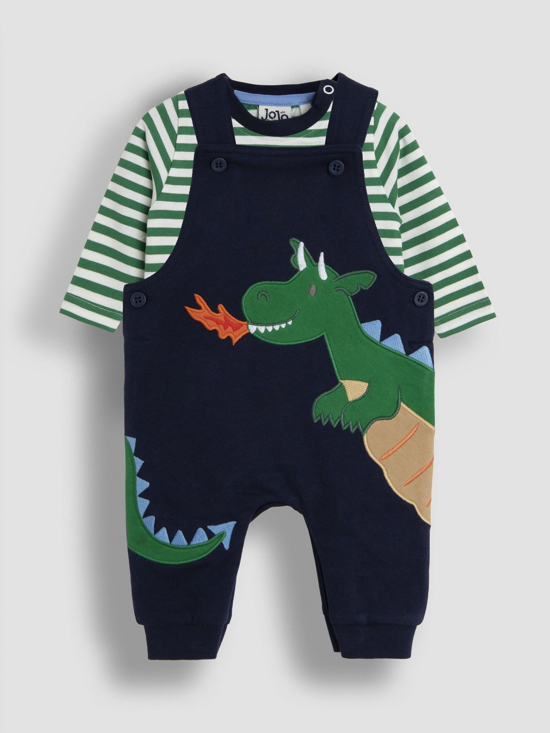 Dark Blue Dragon 2-Piece Appliqué Dungarees & Stripe Top Set (H21416) | $48 - $50