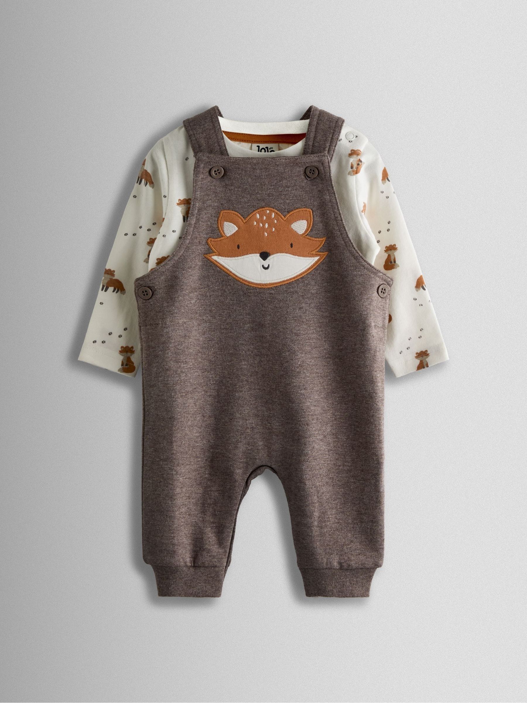 Mocha Brown Fox 2-Piece Appliqué Dungarees & Print Top Set (H21420) | $48 - $50