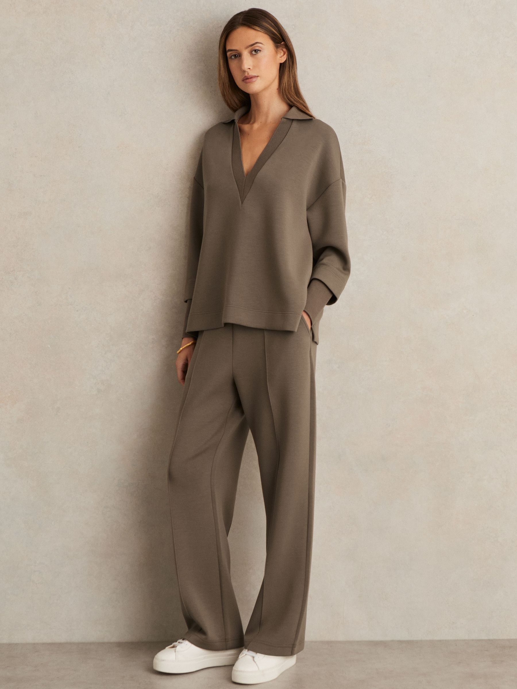 Modal Blend Interlock Wide Leg Joggers in Khaki Green (H21891) | €170