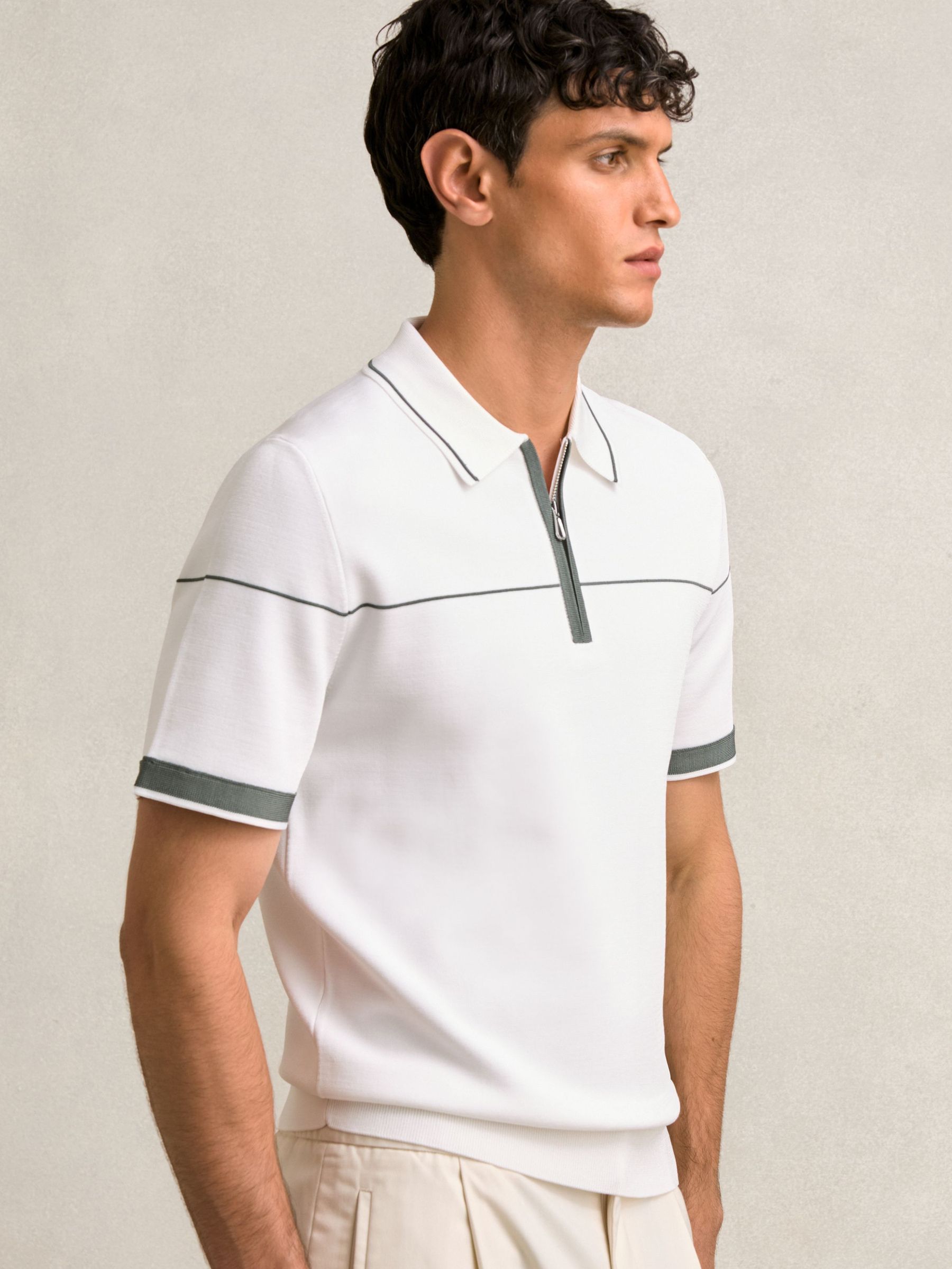 Half-Zip Tipped Polo Shirt in White/Green (H21908) | US$195