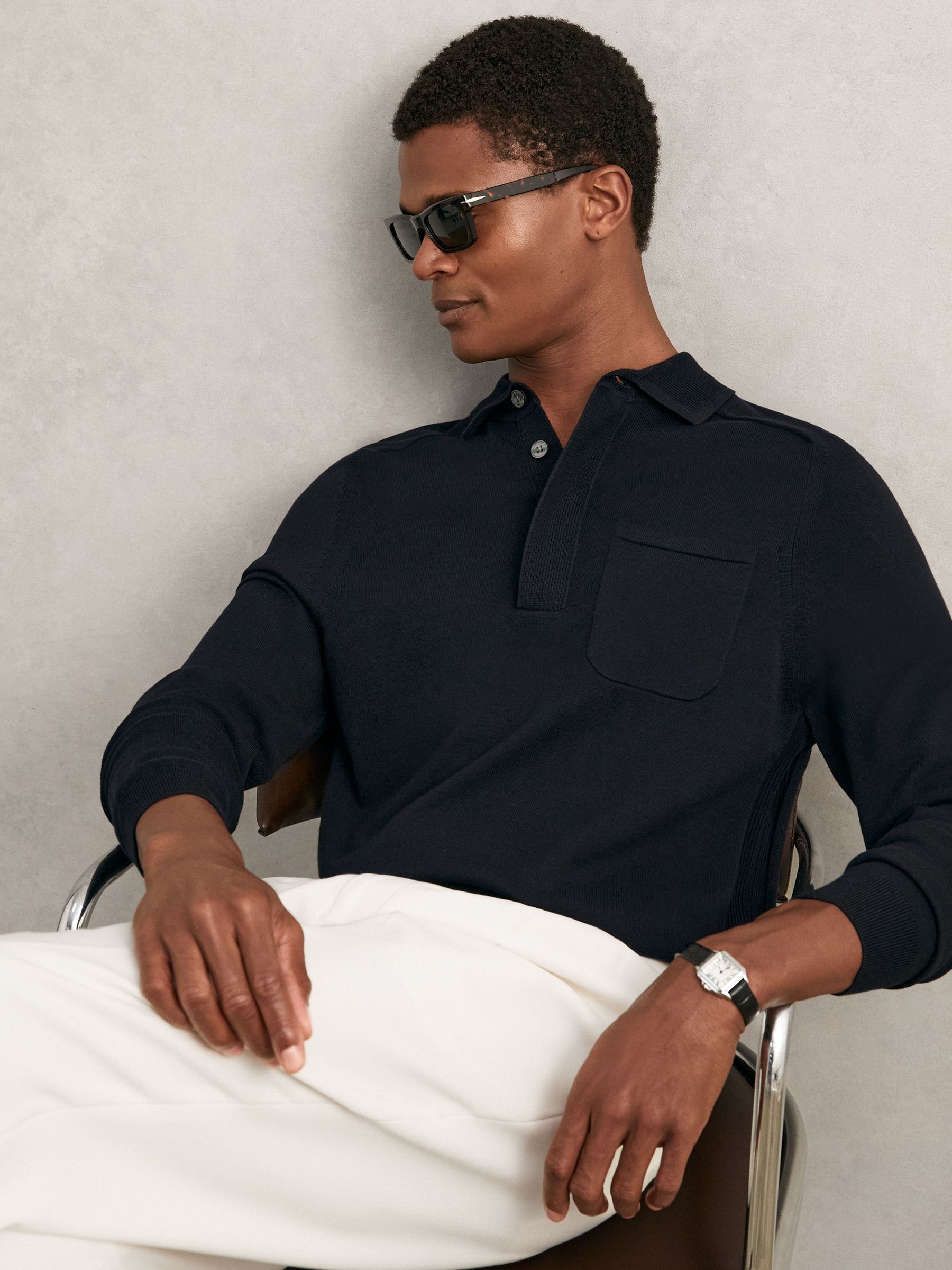 Cotton Concealed Placket Polo Shirt in Navy (H22278) | US$180