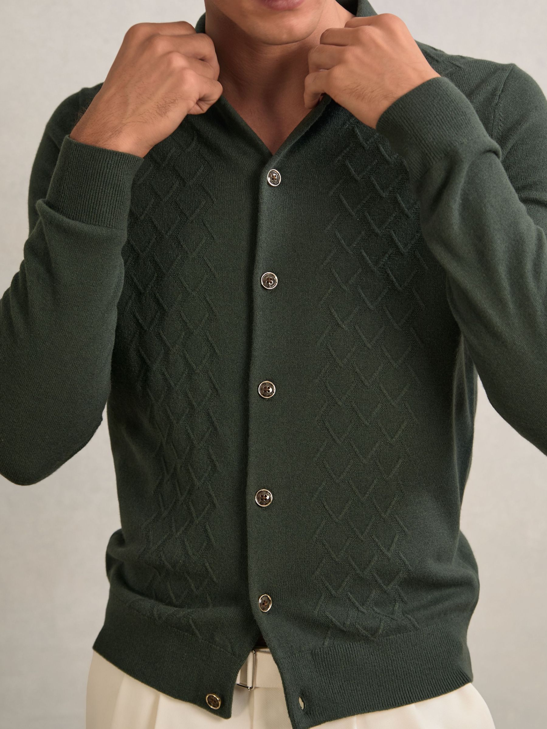 Wool V-Stitch Button-Through Cardigan in Forest Green (H22282) | €185