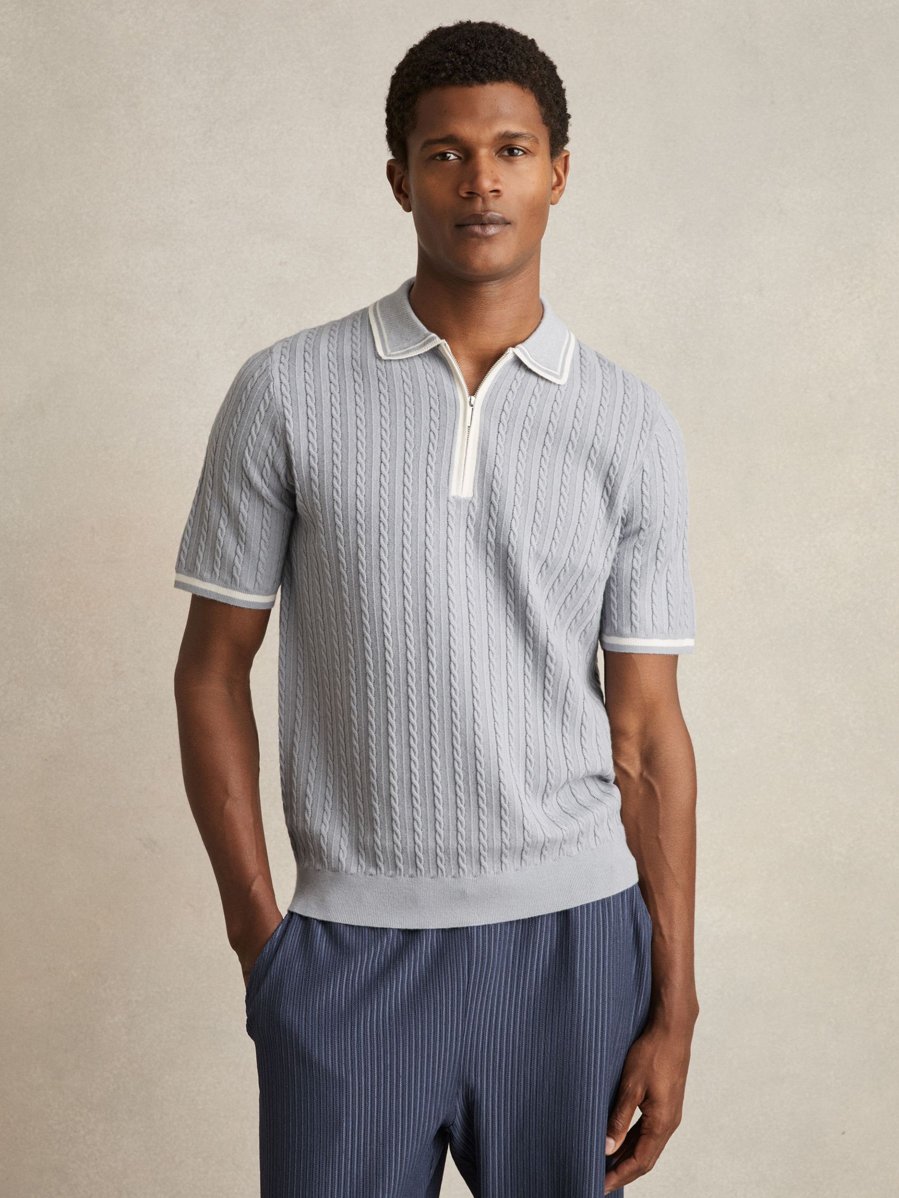 Micro-Cable Half-Zip Polo Shirt in Soft Blue (H22292) | US$190