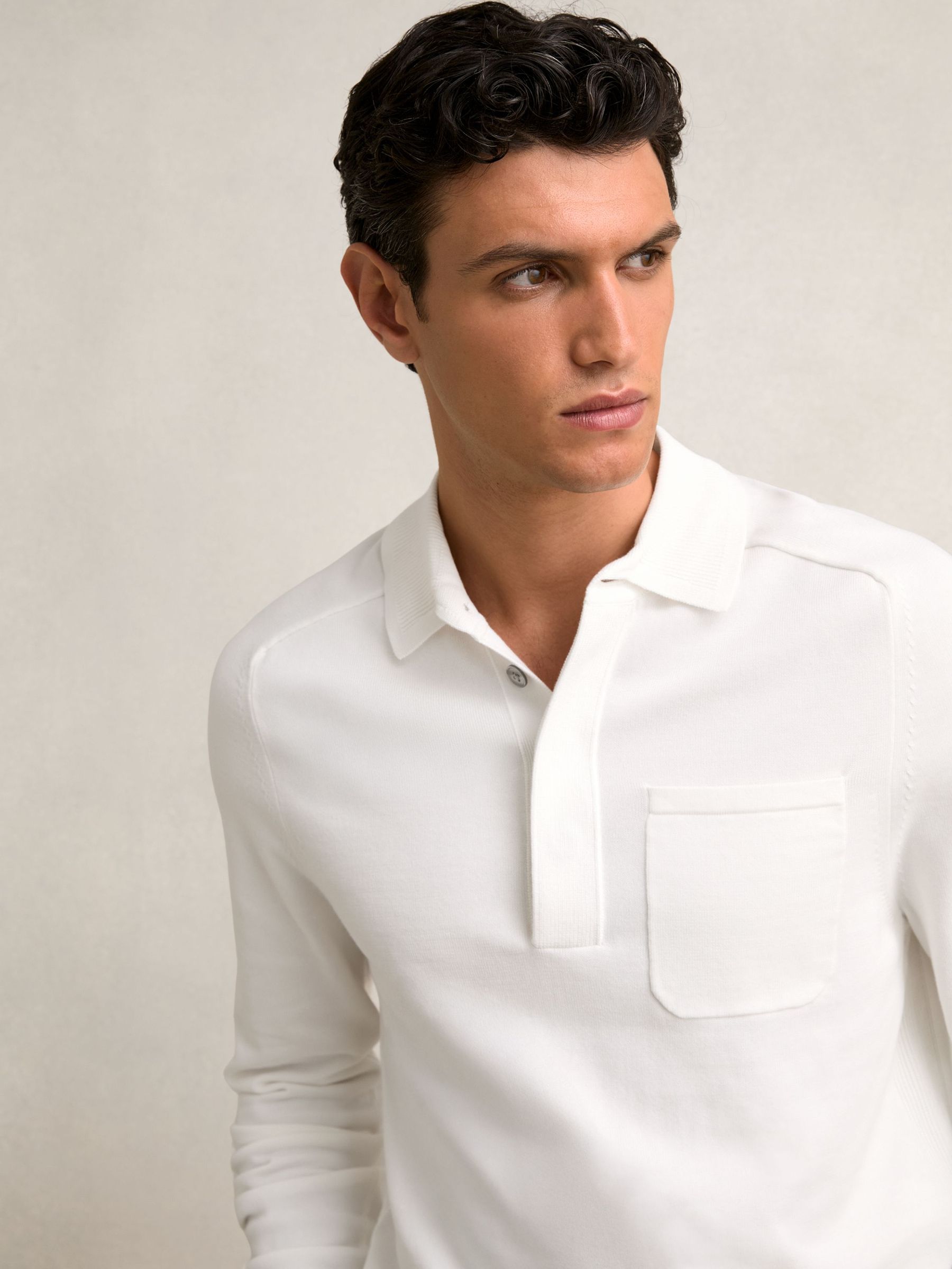 Cotton Concealed Placket Polo Shirt in White (H22294) | US$180