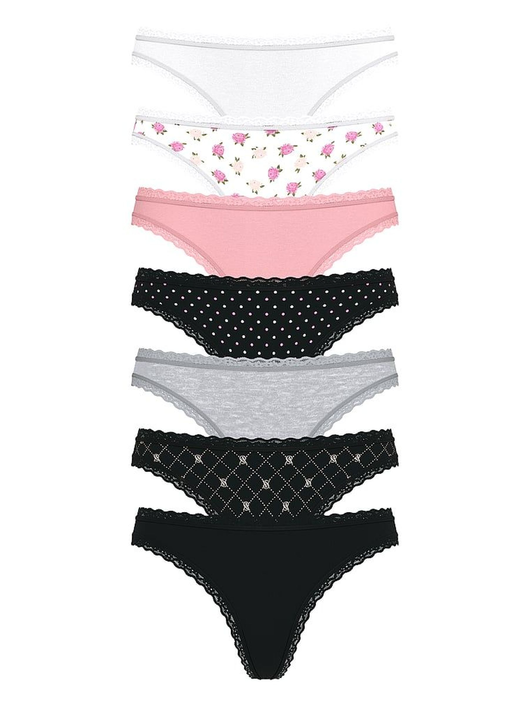 White/Pink/Black/Grey Thong 7 Pack Lace Trim Knickers (H22843) | €40