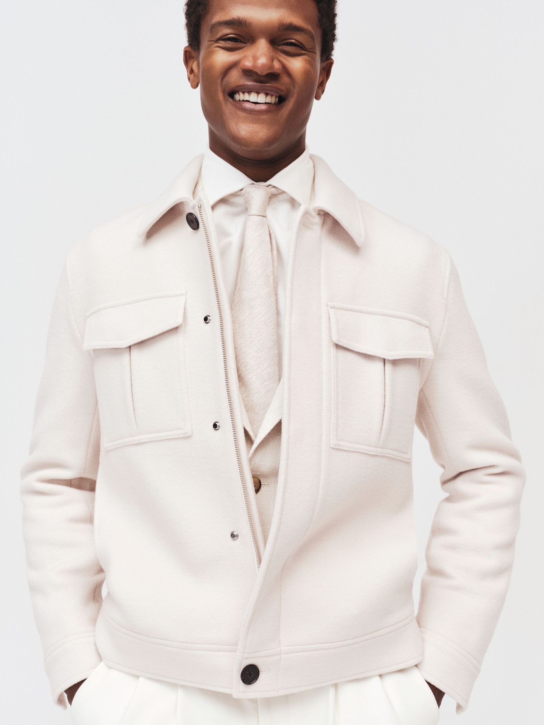 Wool Blend Twin Pocket Zipped Jacket in Ivory (H22931) | $490
