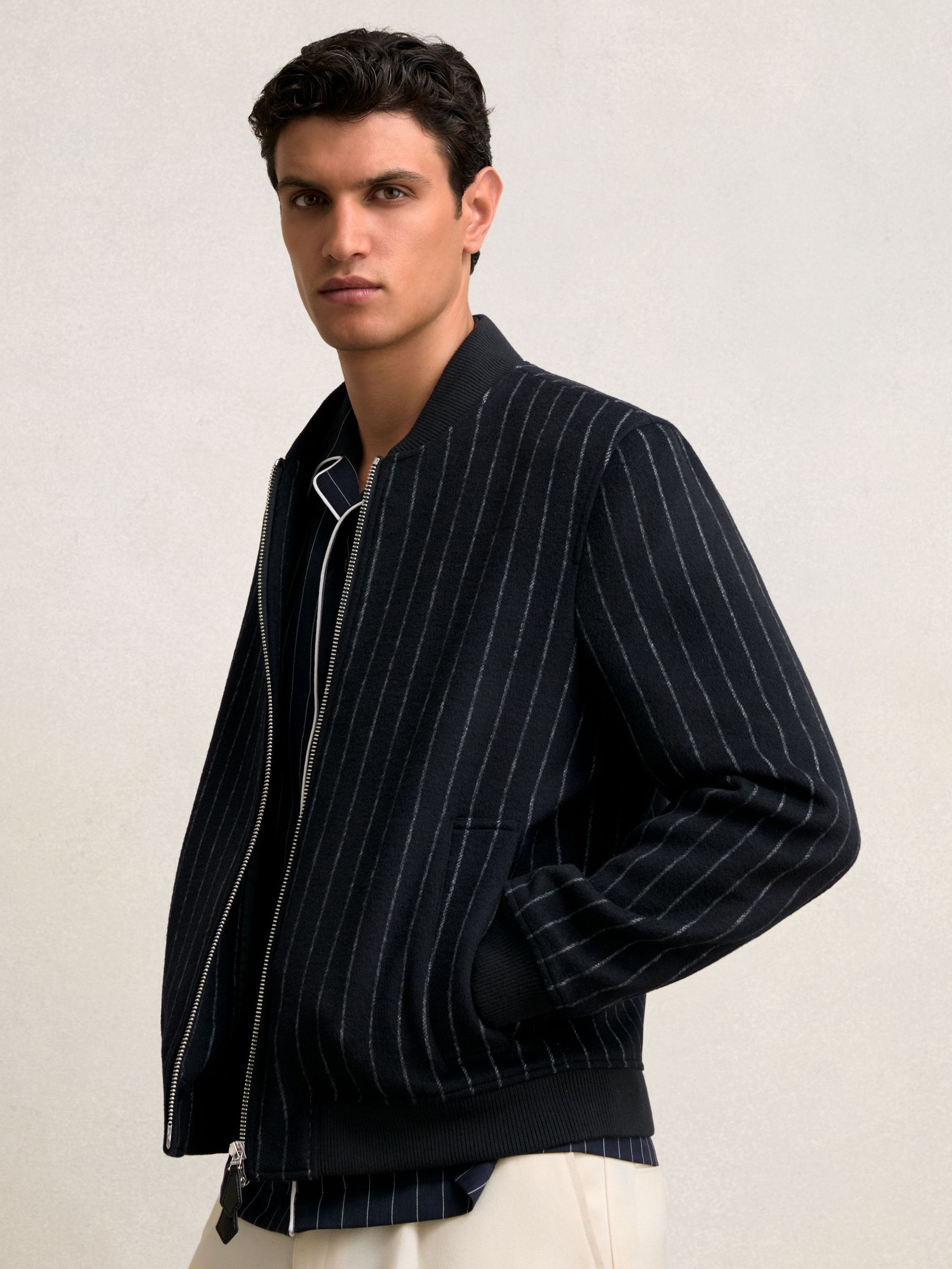 Wool-Blend Chalk-Stripe Bomber Jacket in Navy (H23002) | $490