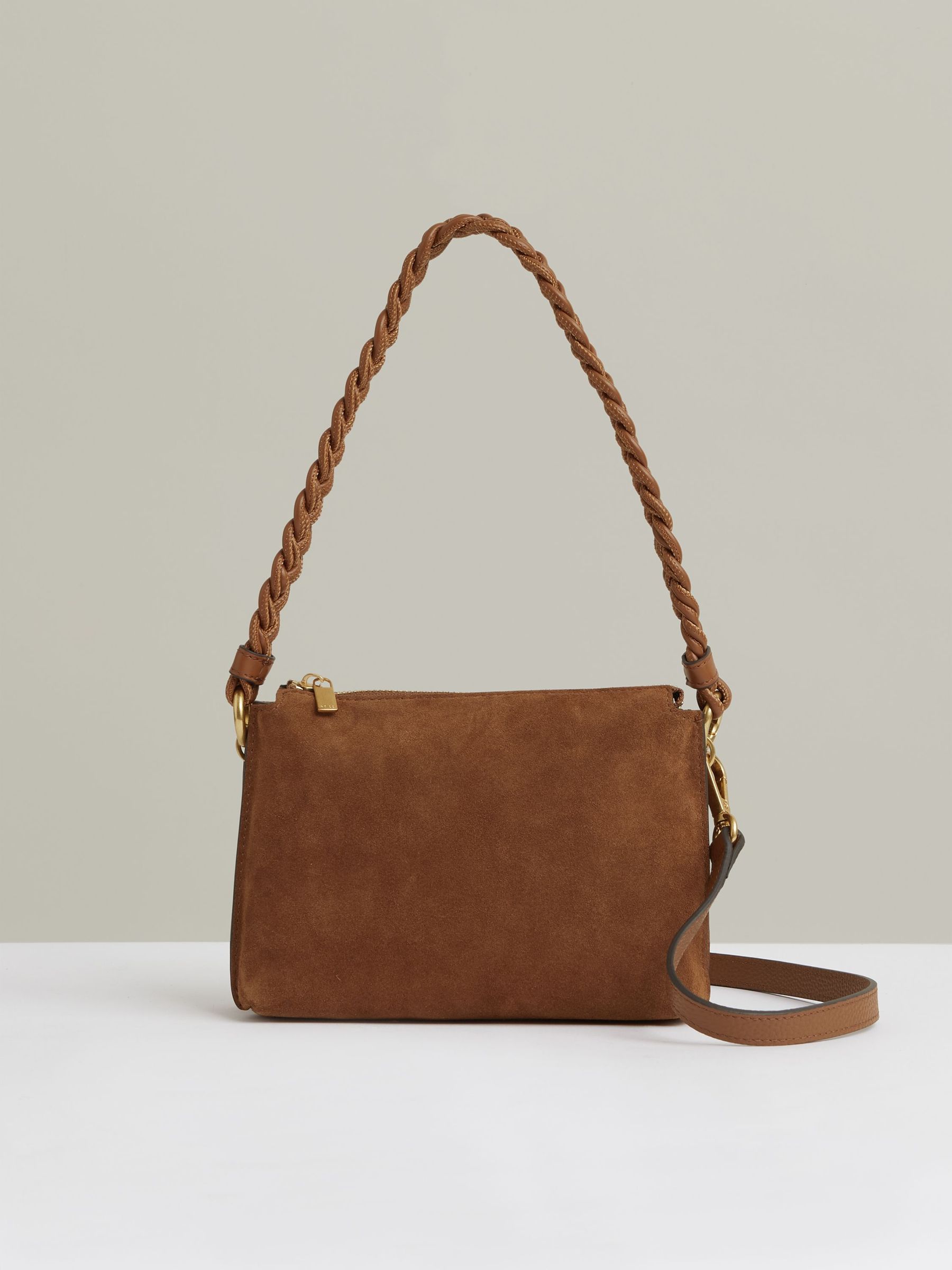 Suede Plaited-Strap Cross-Body Bag in Tan (H23639) | €225
