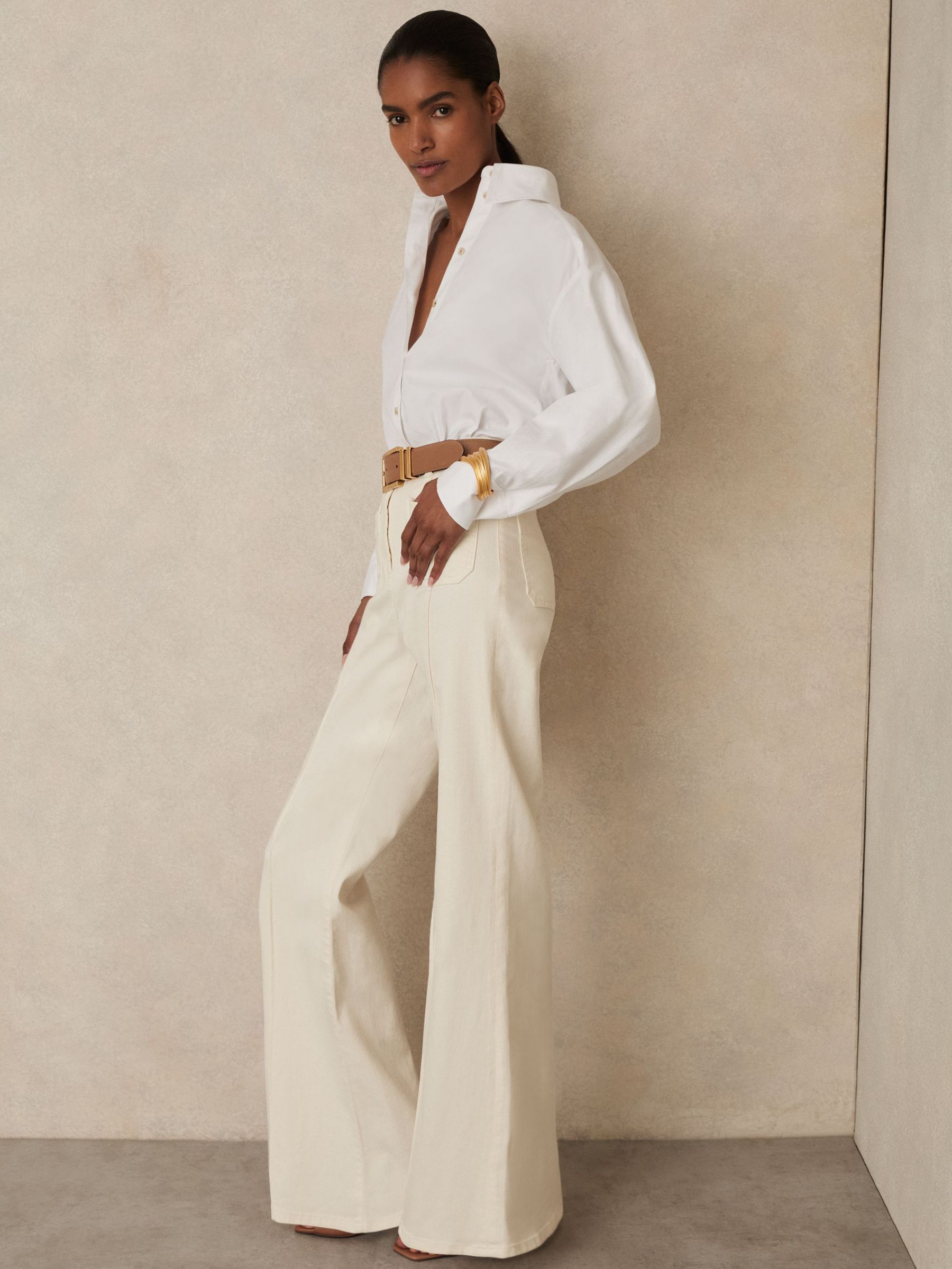 Patch Pocket Flared Jeans in Ecru (H25072) | US$265
